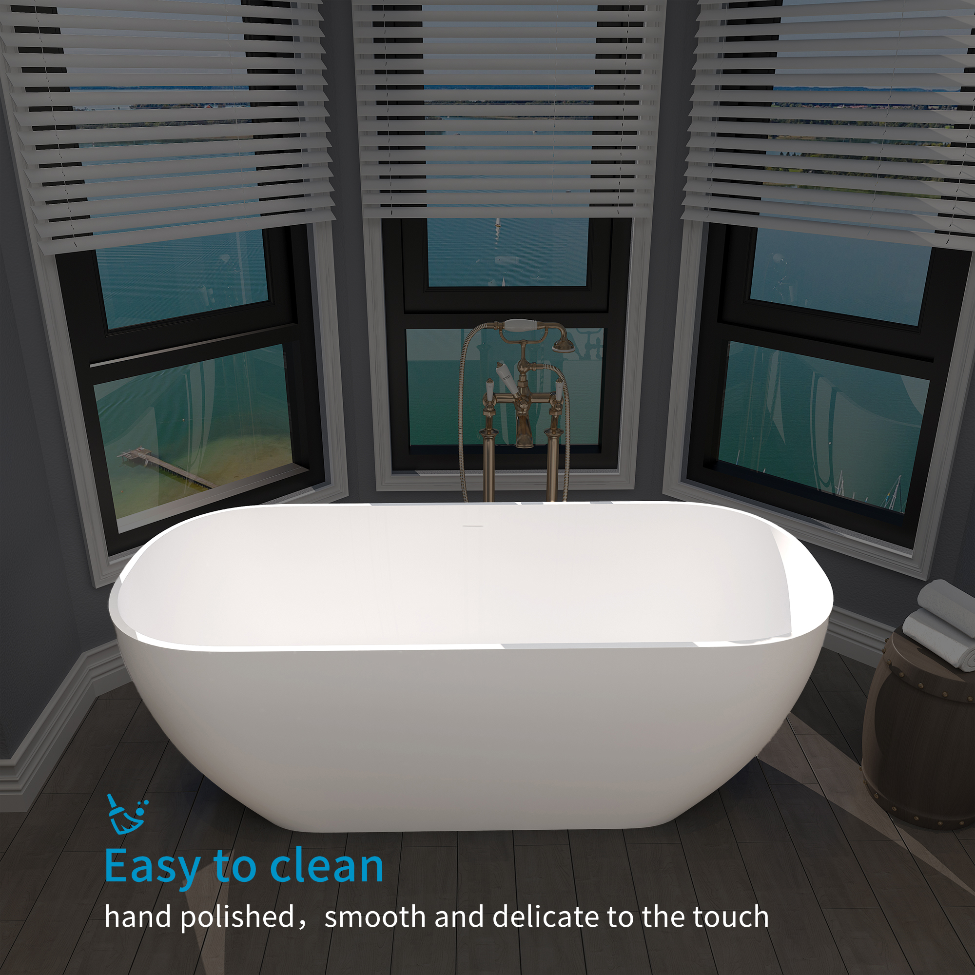 67'' Resin Stone Freestanding Bathtub, Matte White Solid Surface Free Standing Tub, Classic Double Ended Soaking Bathtub with Drain, Drain Hose & Sanding Paper