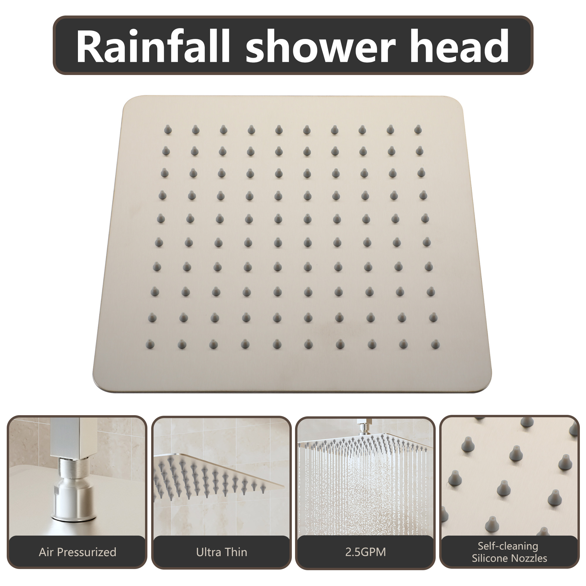 10"/12" Stainless Steel 360 Degree Adjustable 0.08" Ultra-thin Rectangle Shower Head In Matte Black/Brushed Nickel