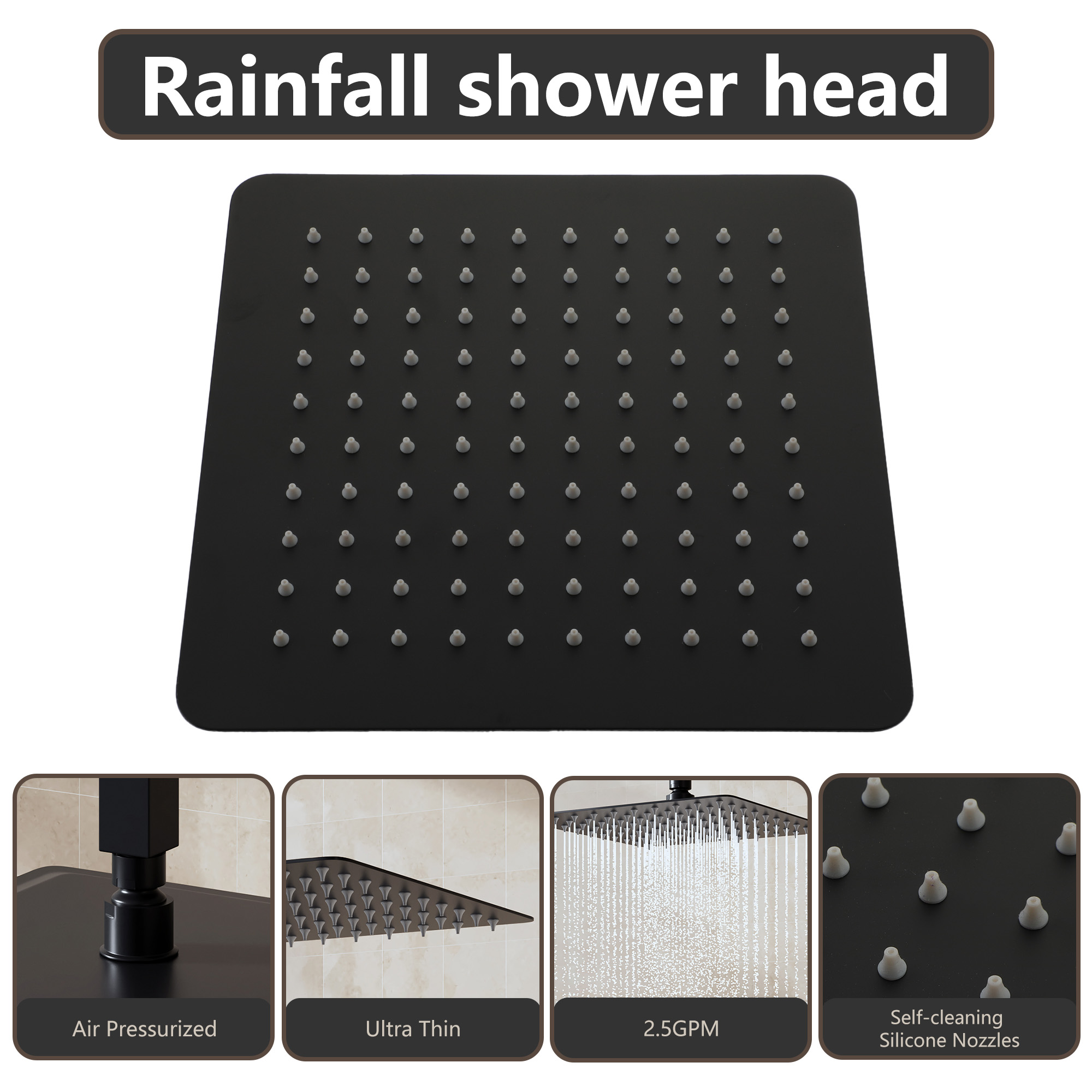 10"/12" Stainless Steel 360 Degree Adjustable 0.08" Ultra-thin Rectangle Shower Head In Matte Black/Brushed Nickel
