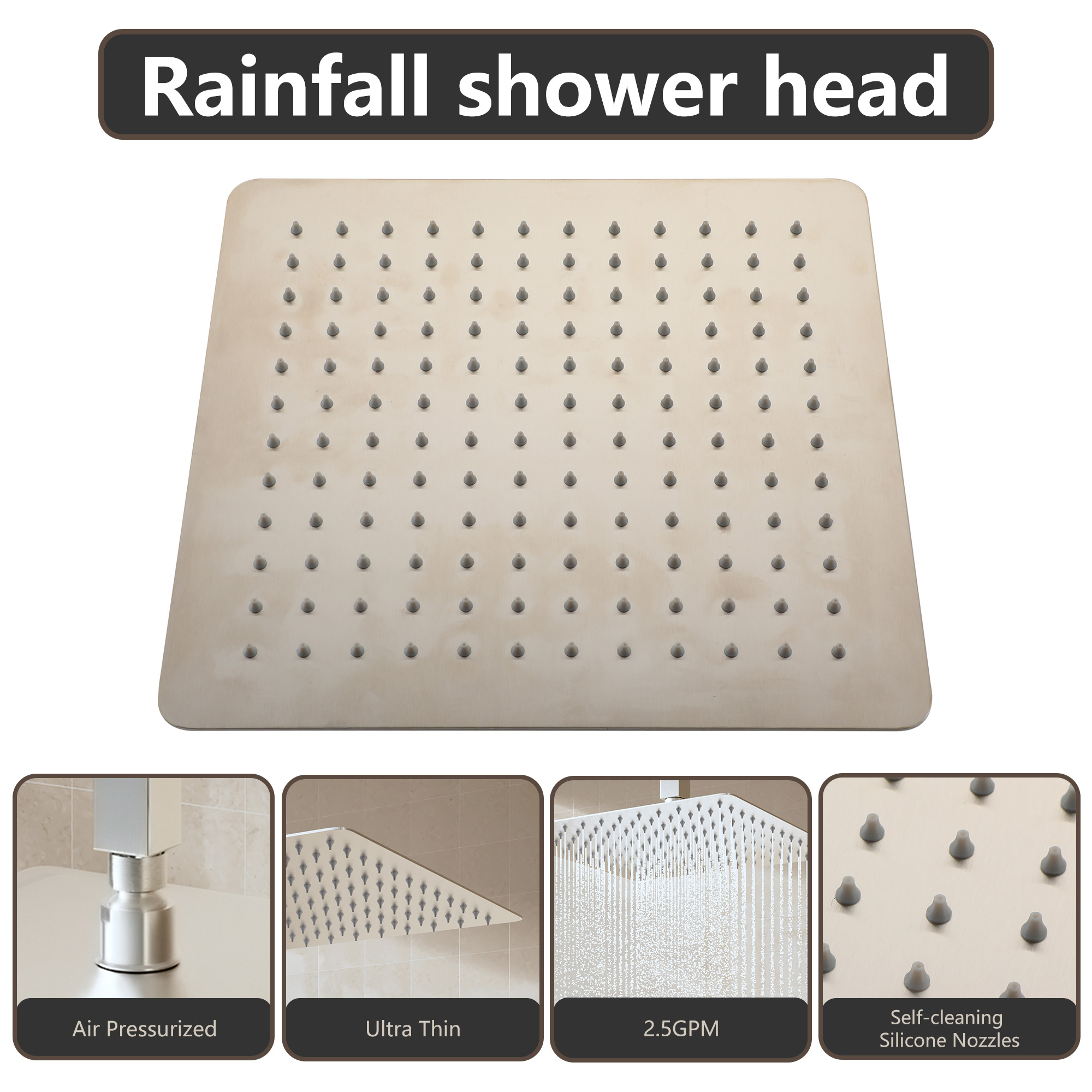 10"/12" Stainless Steel 360 Degree Adjustable 0.08" Ultra-thin Rectangle Shower Head In Matte Black/Brushed Nickel