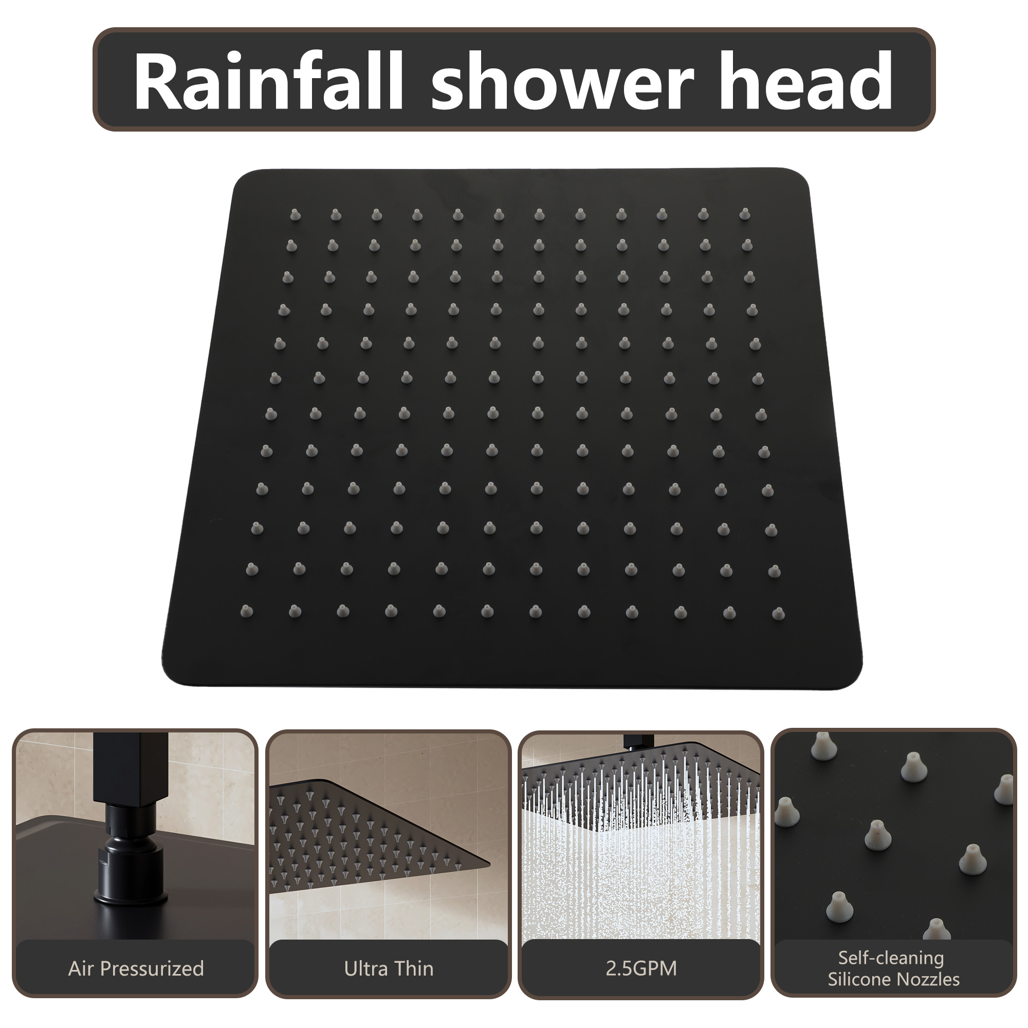 10"/12" Stainless Steel 360 Degree Adjustable 0.08" Ultra-thin Rectangle Shower Head In Matte Black/Brushed Nickel