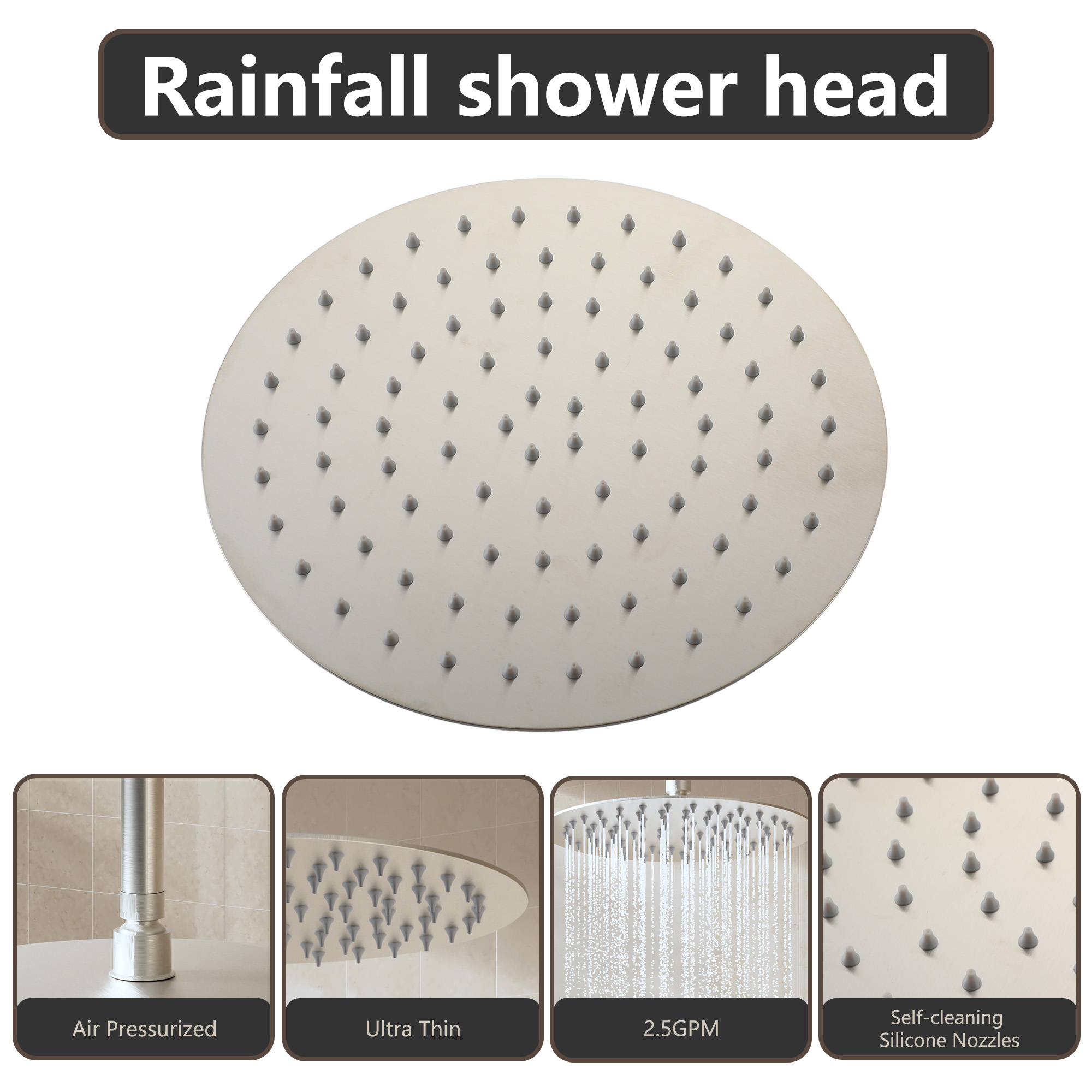 10"/12" Stainless Steel 360 Degree Adjustable 0.08" Ultra-thin Round Shower Head In Matte Black/Brushed Nickel