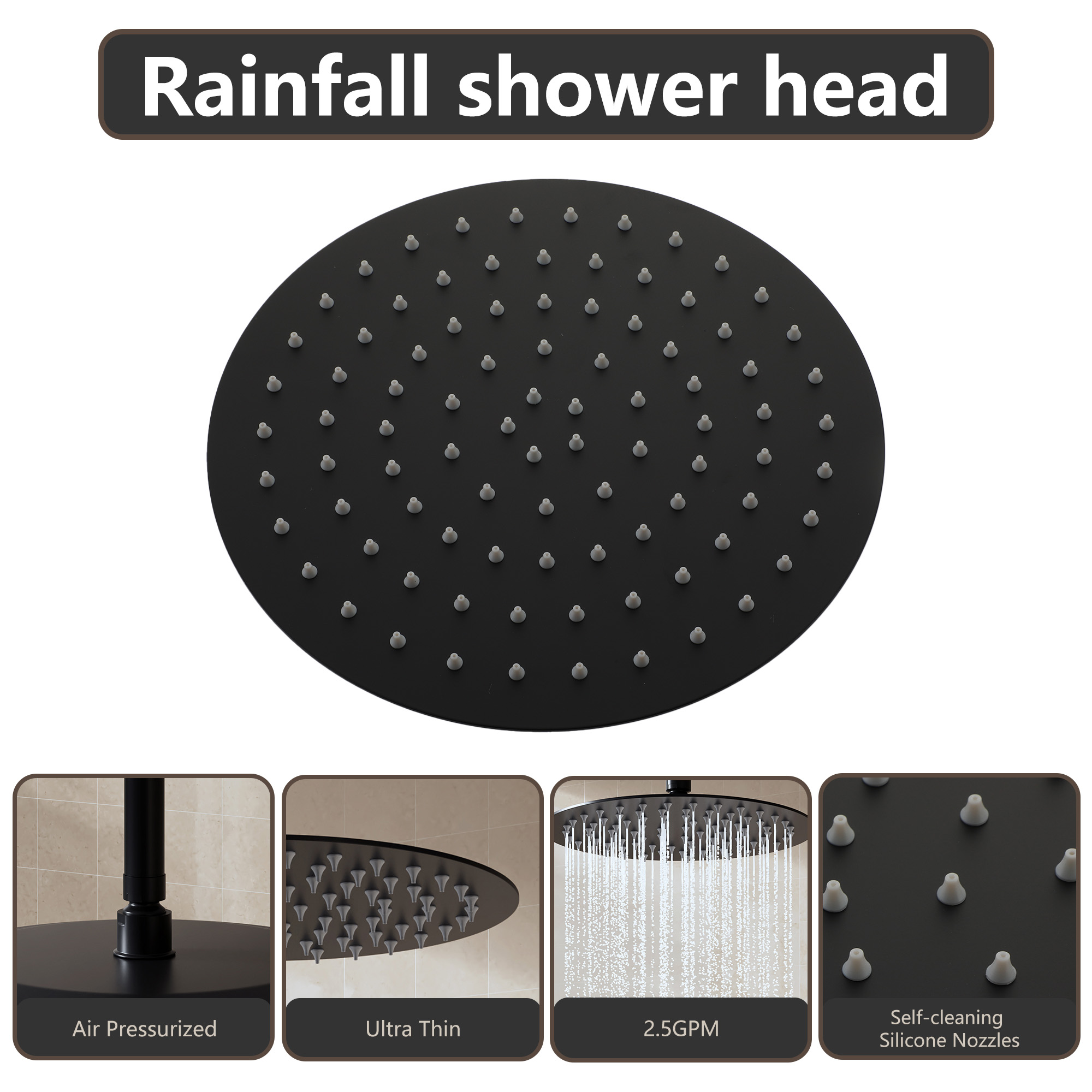 10"/12" Stainless Steel 360 Degree Adjustable 0.08" Ultra-thin Round Shower Head In Matte Black/Brushed Nickel