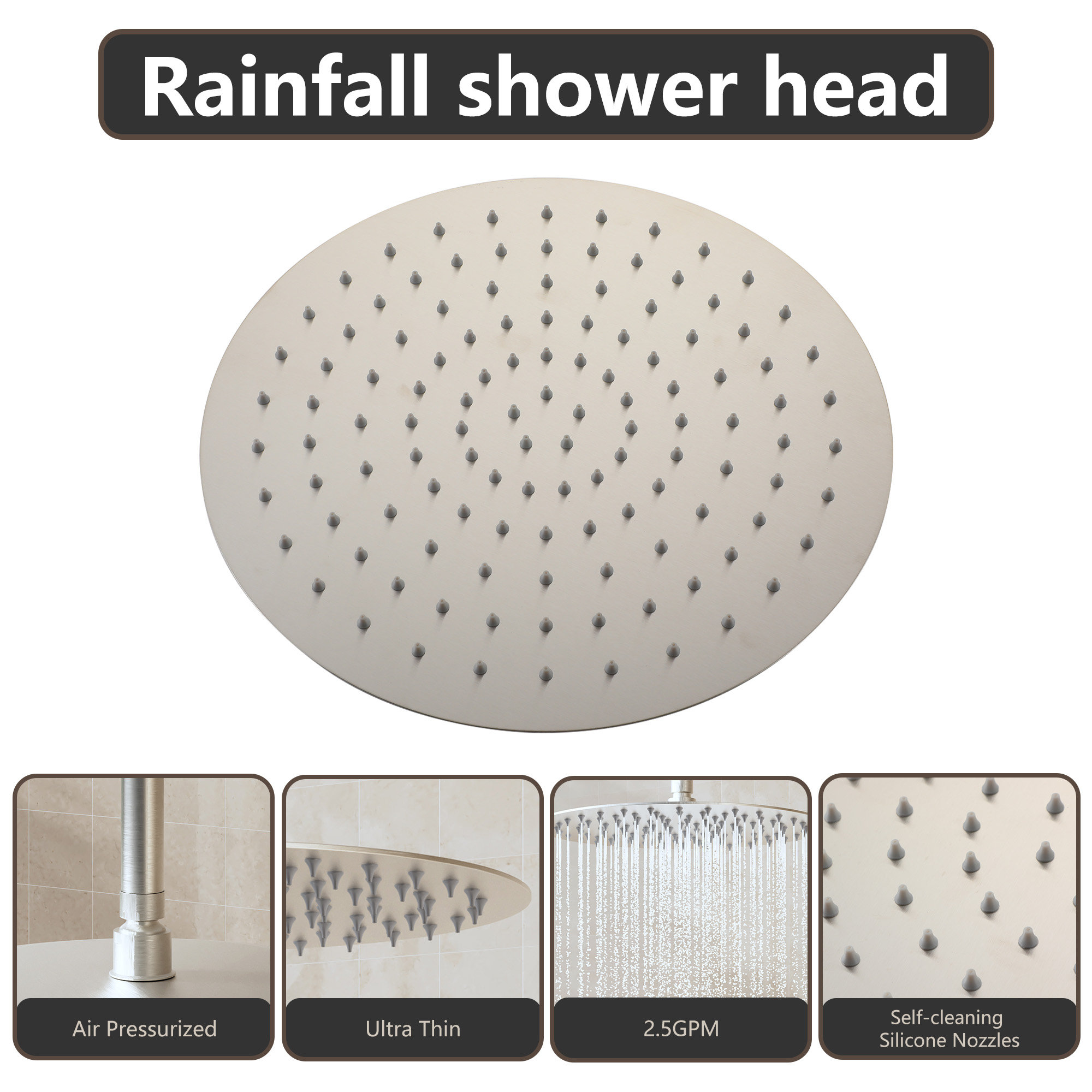 10"/12" Stainless Steel 360 Degree Adjustable 0.08" Ultra-thin Round Shower Head In Matte Black/Brushed Nickel