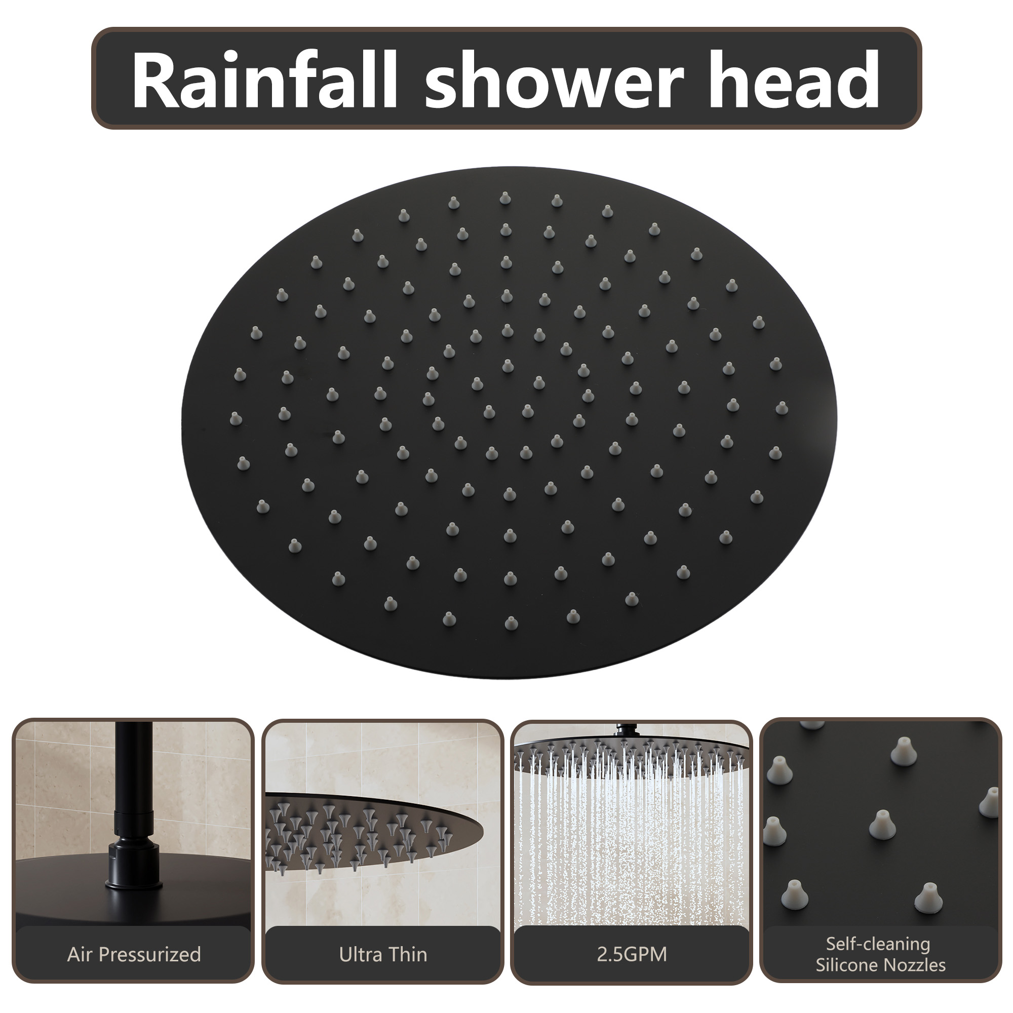 10"/12" Stainless Steel 360 Degree Adjustable 0.08" Ultra-thin Round Shower Head In Matte Black/Brushed Nickel