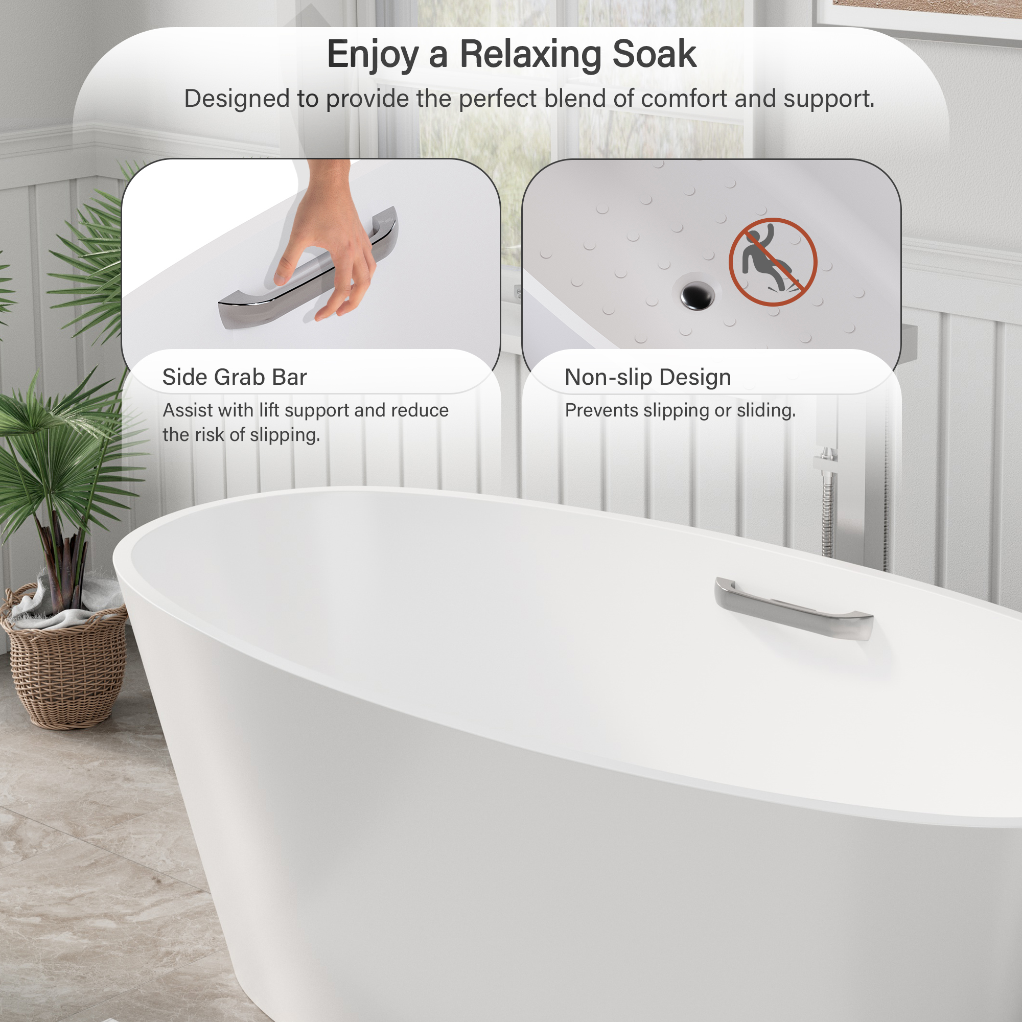 63" Matte White Solid Surface Freestanding Soaking Bathtub with One-Side Armrest