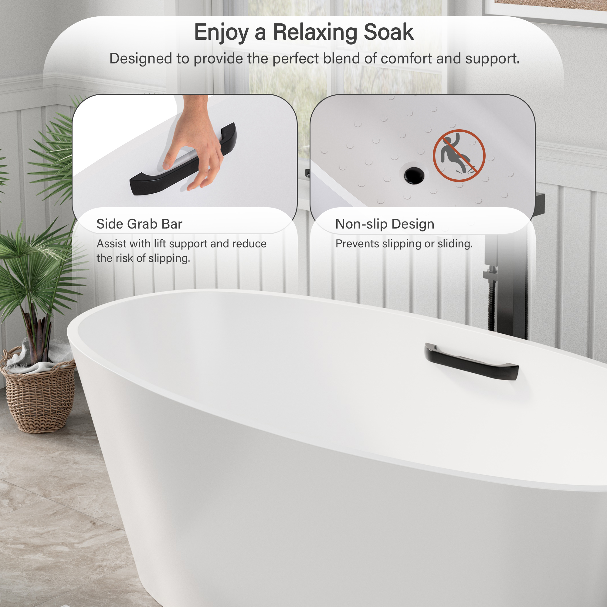 63" Matte White Solid Surface Freestanding Soaking Bathtub with One-Side Armrest