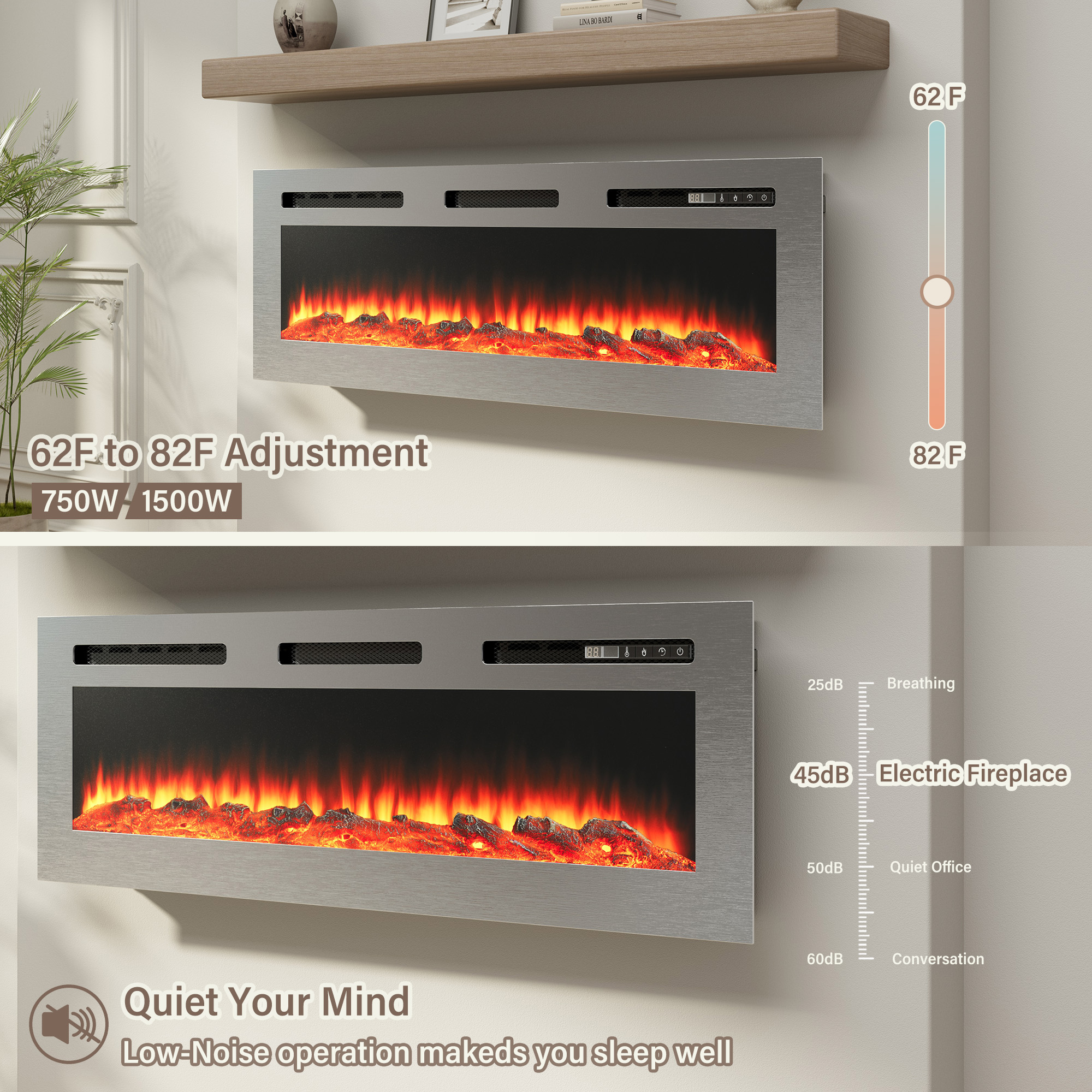 50 in. Wall Mounted and Recessed Electric Fireplace Insert with Stainless Steel Surface and 12 Flame Colors