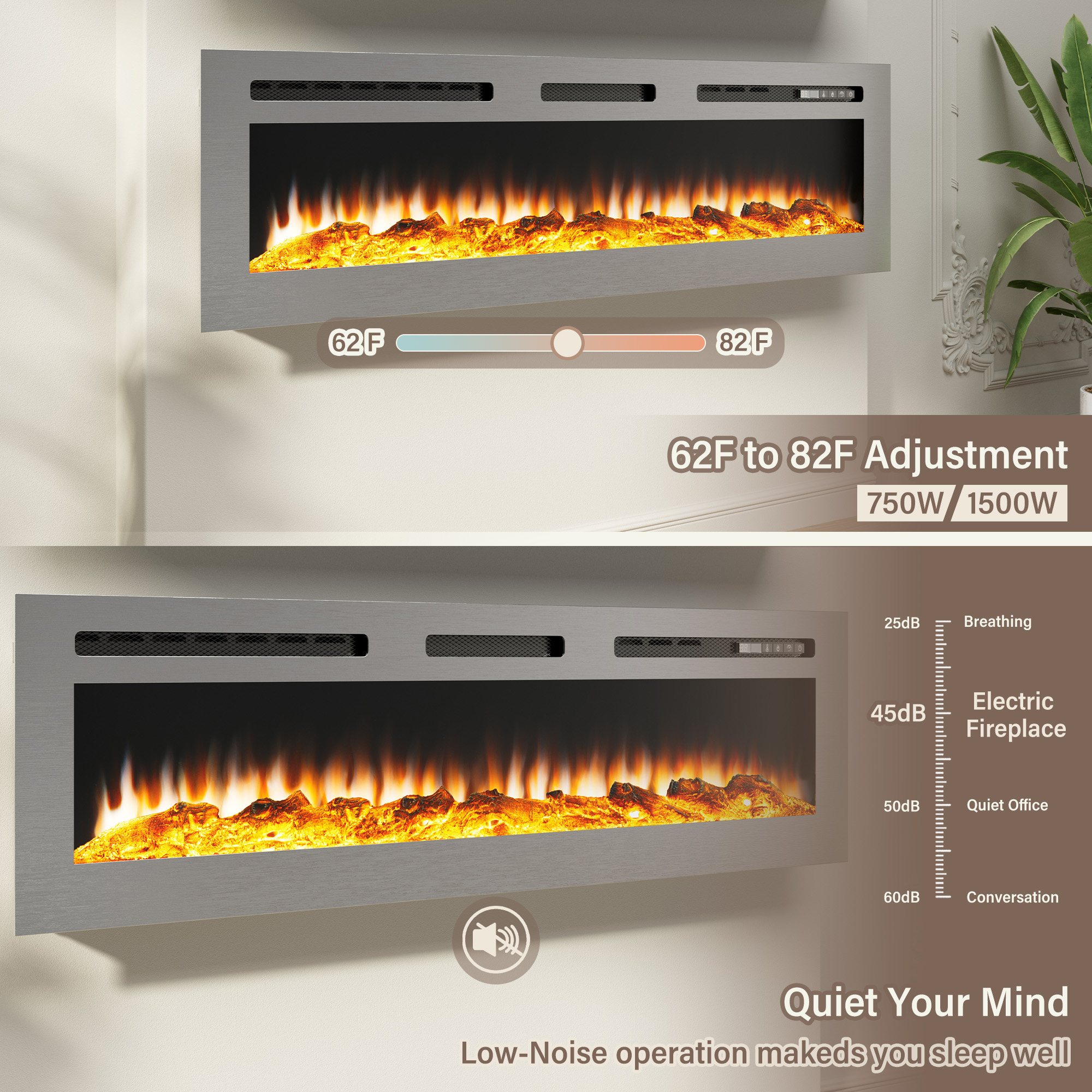 60 in. Wall Mounted and Recessed Electric Fireplace Insert with Stainless Steel Surface and 12 Flame Colors