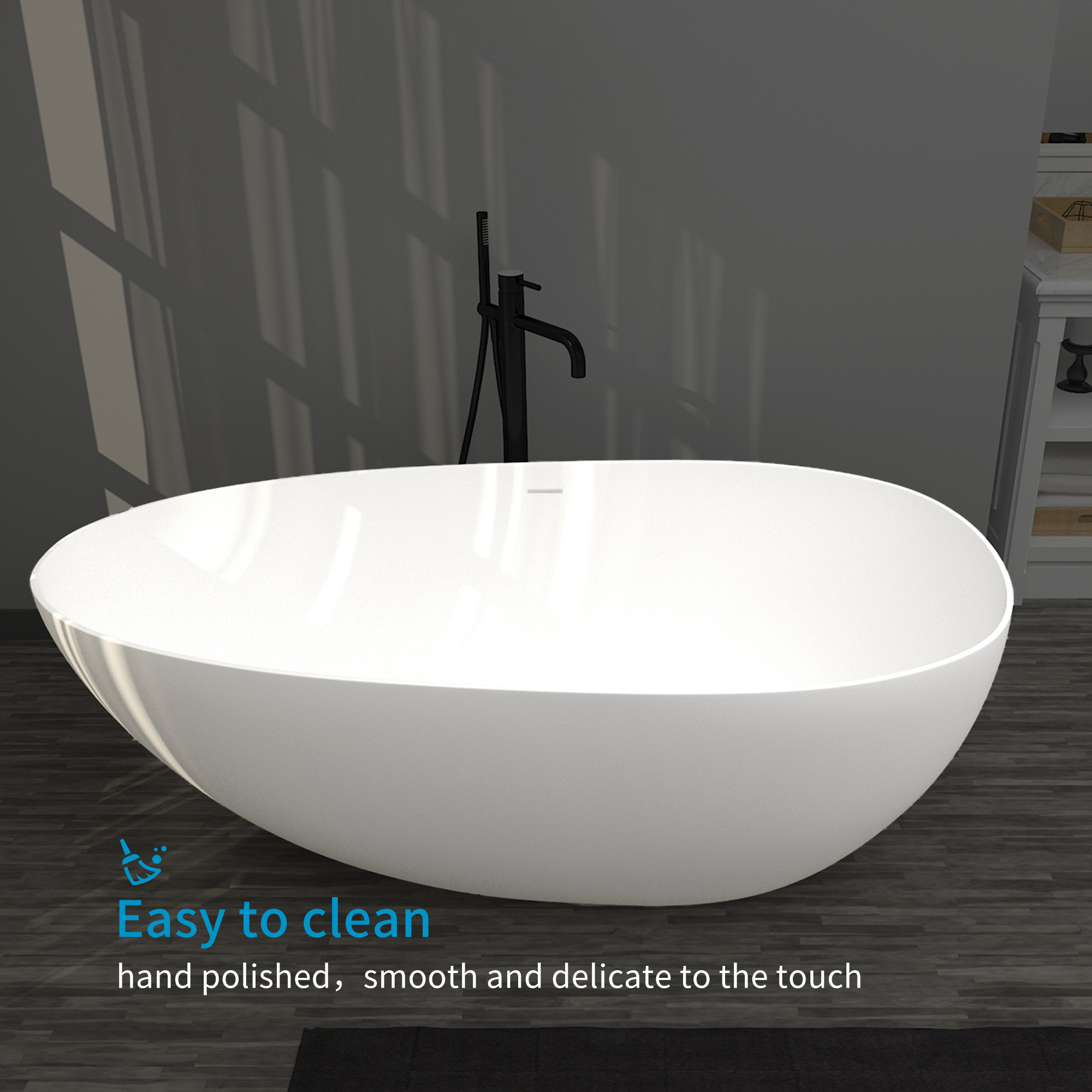 Boyel Living 67'' Resin Stone Freestanding Bathtub, Solid Surface Matte White Free Standing Tub, Egg Shape Stand Alone Soaking Tubs with Drain, Drain Hose & Sanding Paper