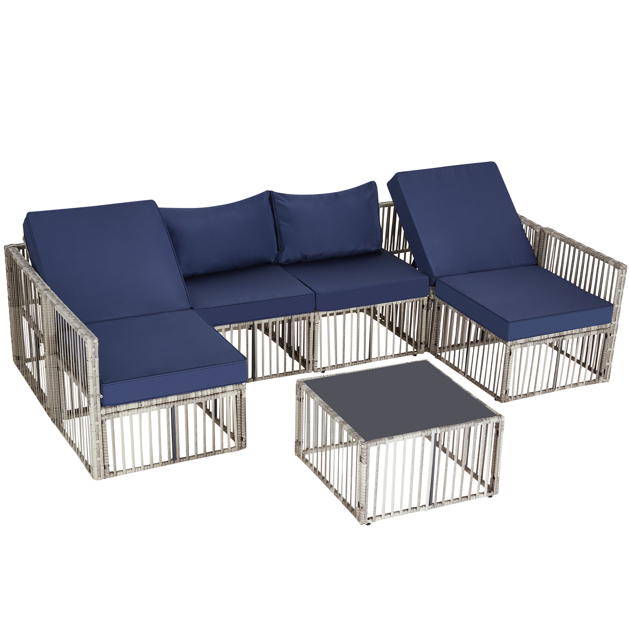 7-Piece Outdoor Patio Furniture Set – PE Rattan Sectional Sofa with Cushions & Coffee Table, All-Weather Wicker, Removable Covers，Gray/Blue/Brown