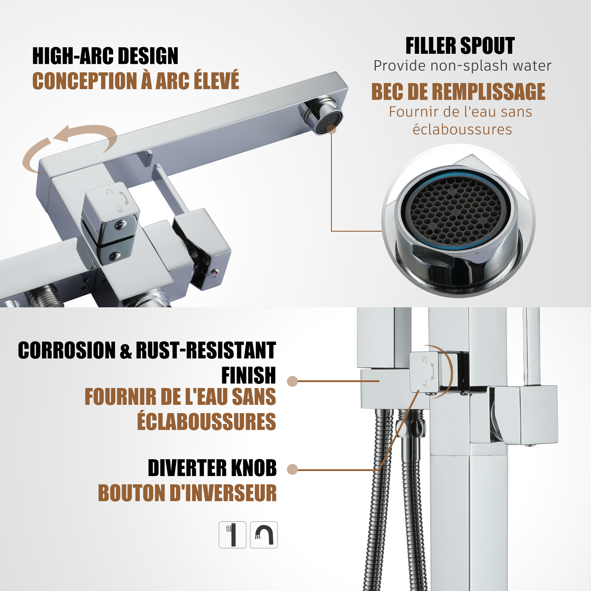 Tub Filler Freestanding Bathtub Faucet Stand Alone Floor Mount Tub Faucet Bathtub Filler with Hand Shower and Swivel Spout, CUPC Certification, 2.7 GPM High Flow Rate