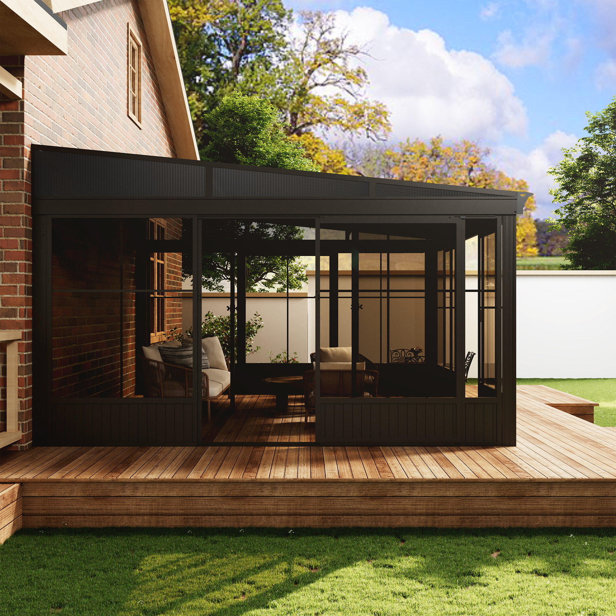 12 ft. x 14 ft. Wall Mounted Gazebo, All-Season Patio Gazebo Sunroom with Side Door, Outdoor Permanent Sunroom