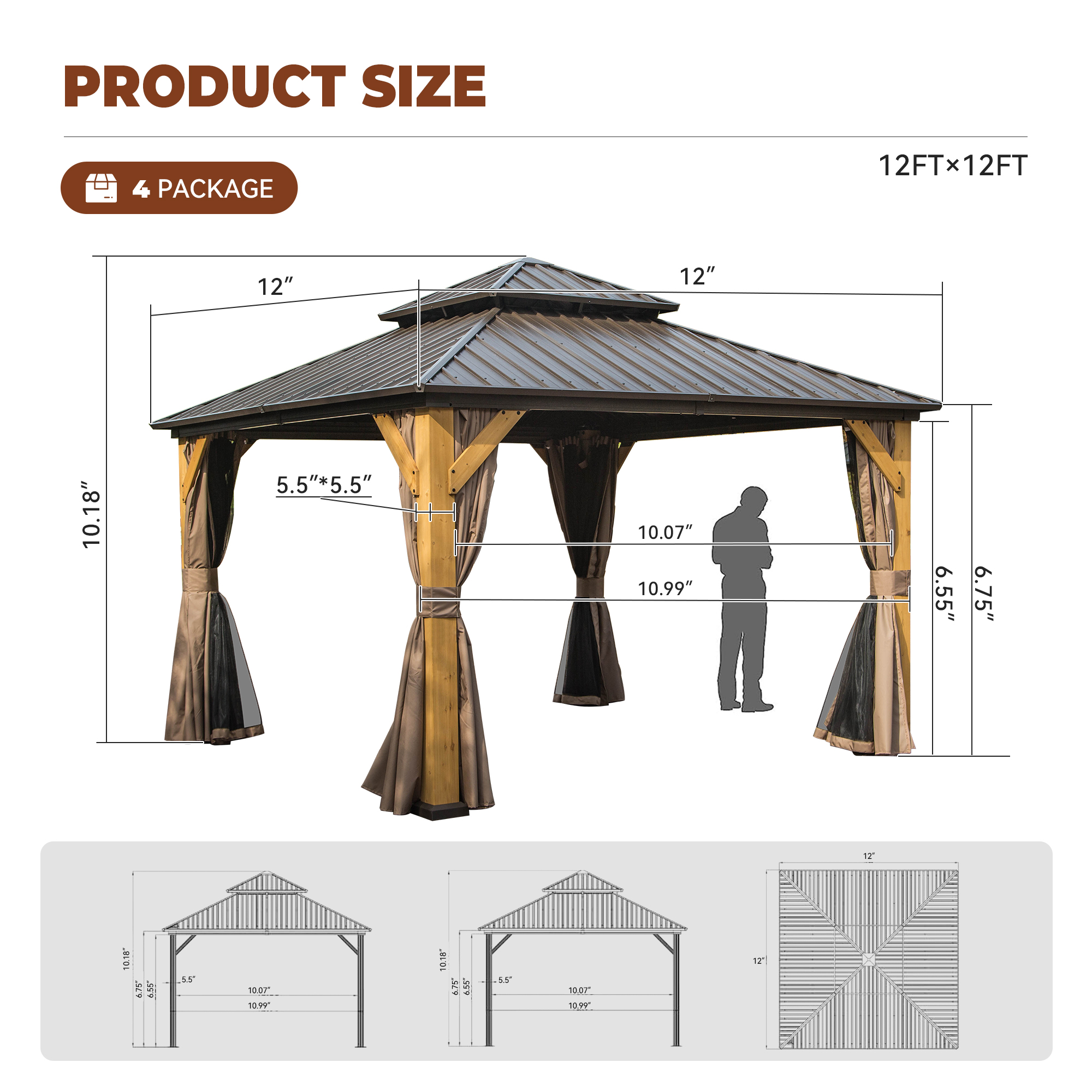 Cedar Frame Hard Top Gazebo with Galvanized Steel Double Roof, Curtain and Net, Outdoor Wooden Gazebo Pergola for Patio Lawn Backyard