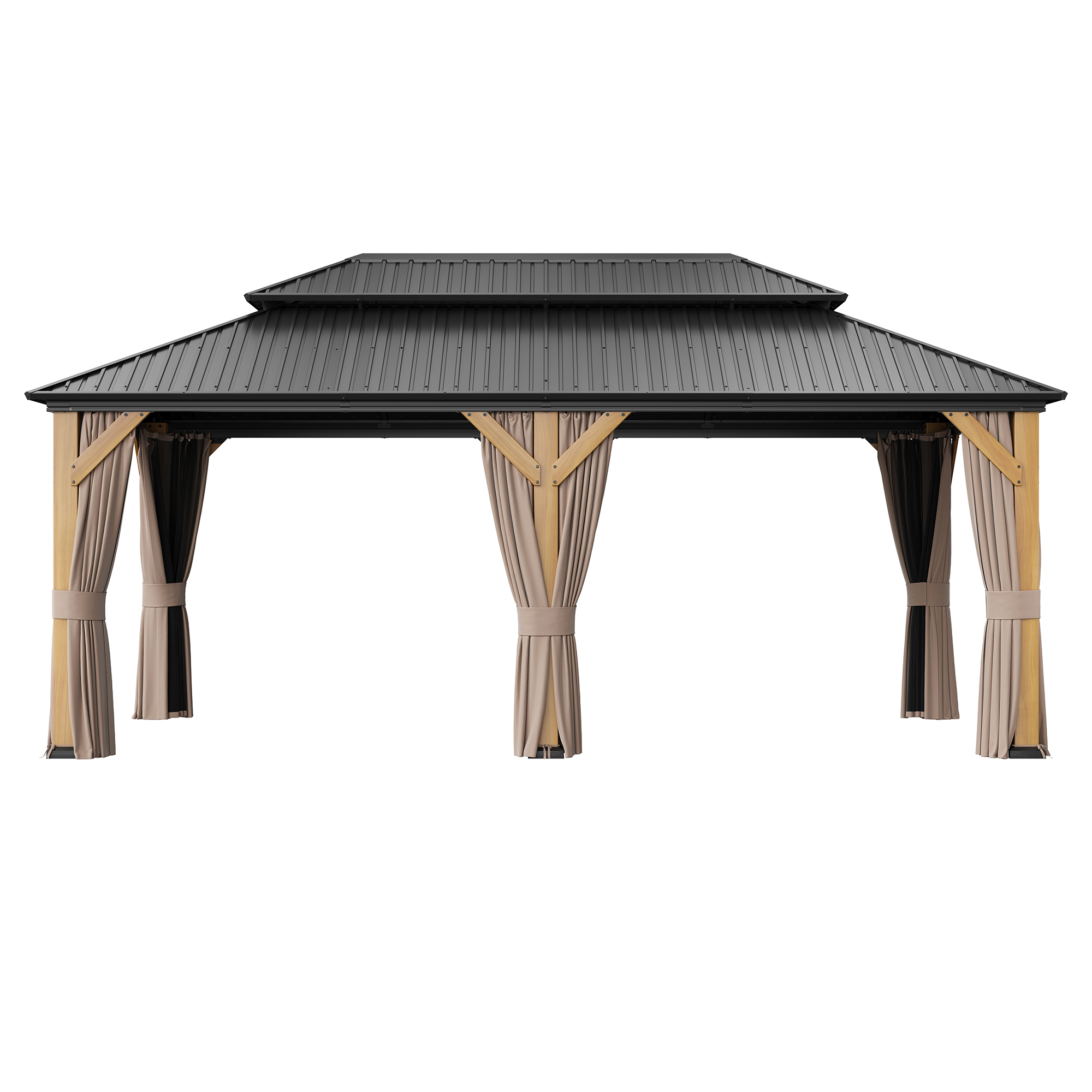 Outdoor Cedar Wood Frame Canopy with Galvanized Steel Double Roof, Outdoor Permanent Metal Pavilion with Curtains and Netting for Patio, Backyard and Lawn