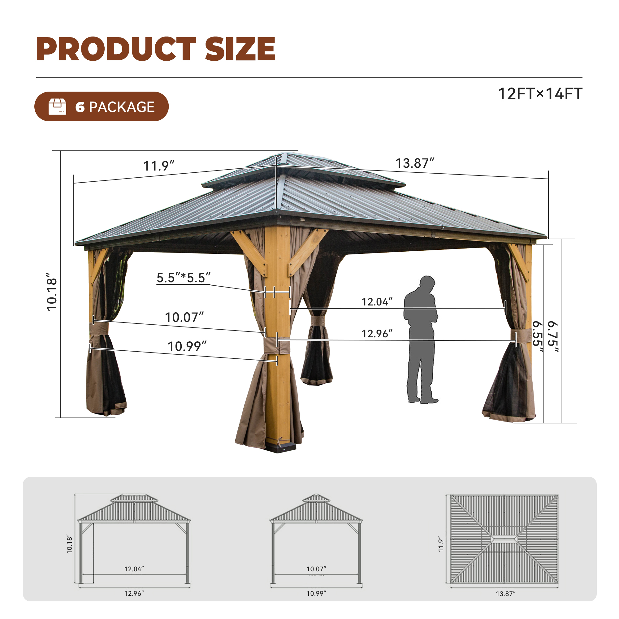 Cedar Frame Hard Top Gazebo with Galvanized Steel Double Roof, Curtain and Net, Outdoor Wooden Gazebo Pergola for Patio Lawn Backyard