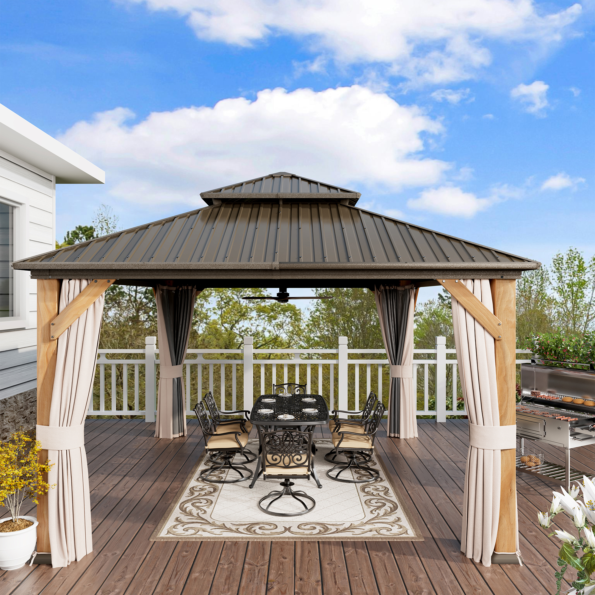 Cedar Frame Hard Top Gazebo with Galvanized Steel Double Roof, Curtain and Net, Outdoor Wooden Gazebo Pergola for Patio Lawn Backyard