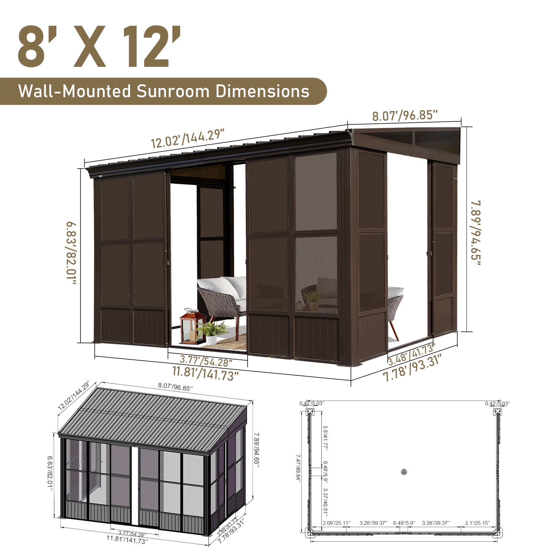 Wall Mounted Sunroom, Against Wall Solarium with Galvanized Steel Sloping Roof, Detachable PVC Screen, Lockable Sliding Front and Side Doors, Lean-to Gazebo Sun Room for Deck Patio