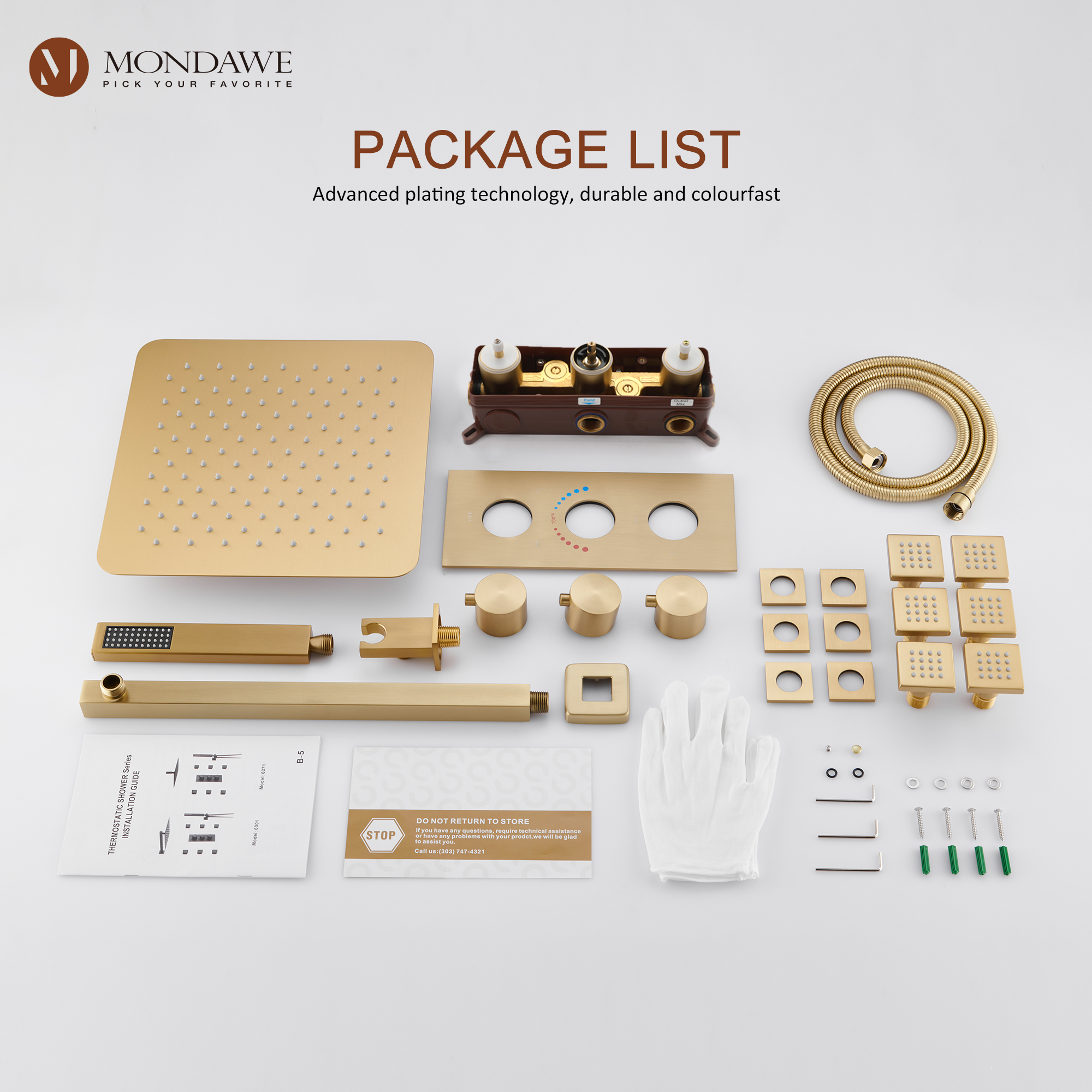 Mondawe Wall Mount Thermostatic Rain Head Shower System with Handheld Shower and Wall Body Jets