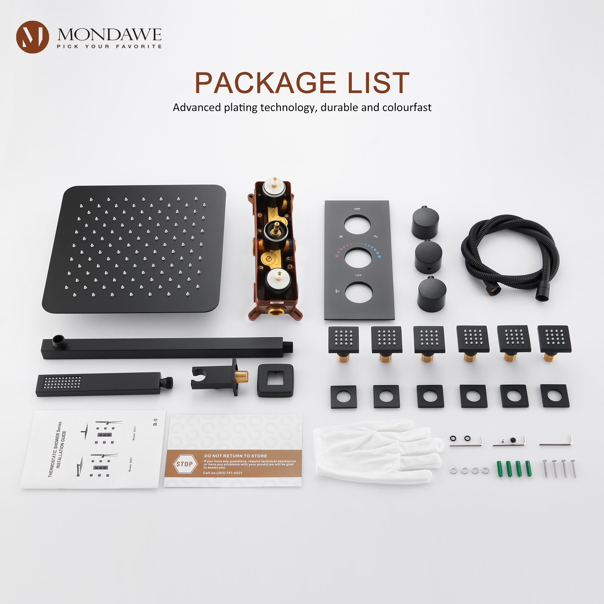 MB-Mondawe Wall Mount Thermostatic Rain Head Shower System with Handheld Shower and Wall Body Jets