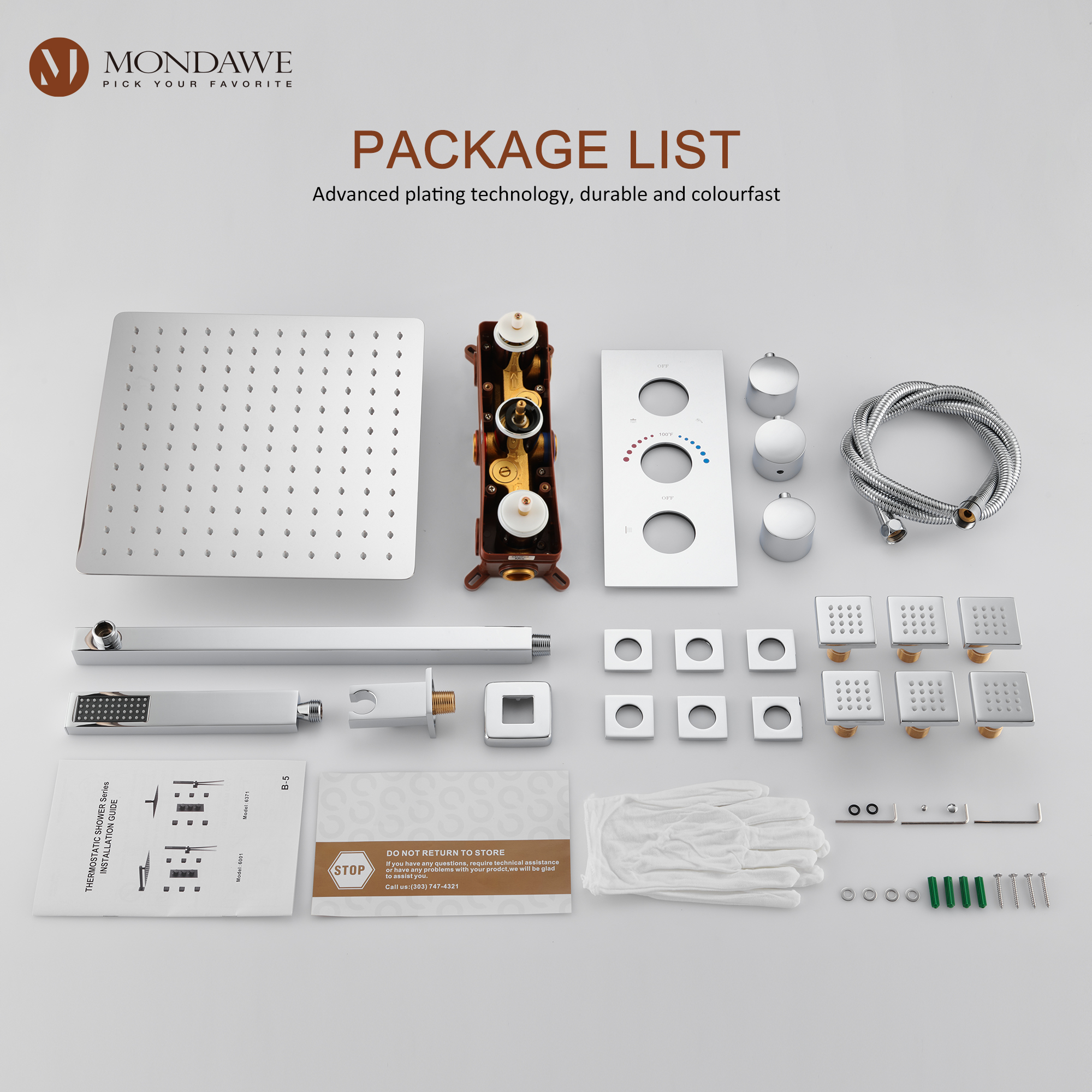 Mondawe Wall Mount Thermostatic Rain Head Shower System with Handheld Shower and Wall Body Jets