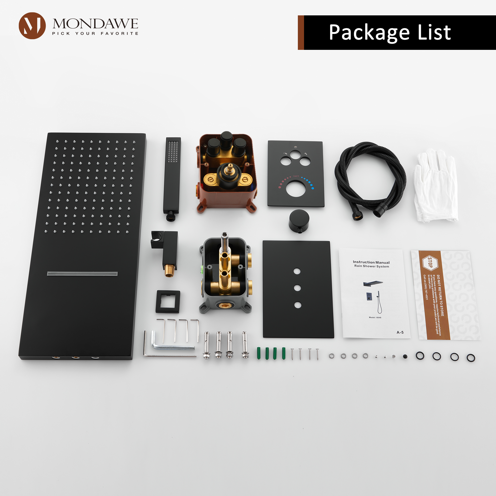 Mondawe 2 Functions Wall Mount Luxury Thermostatic Complete Shower System (Rough-In Valve Included) in Nickel/Black