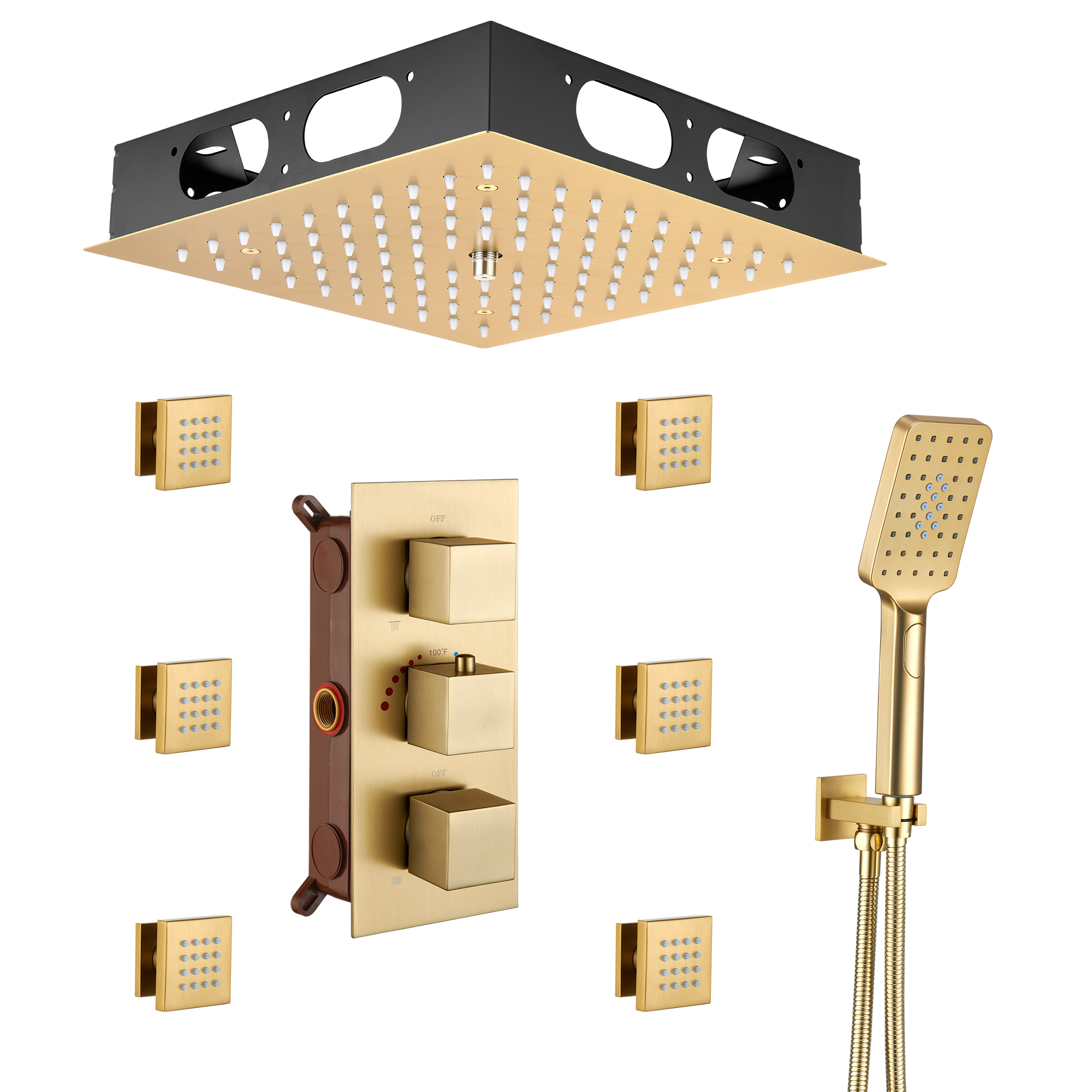 Mondawe Luxury Thermostatic LED 4-Spray Patterns 12 in. Flush Ceiling Mount Rainfall Dual Shower Heads