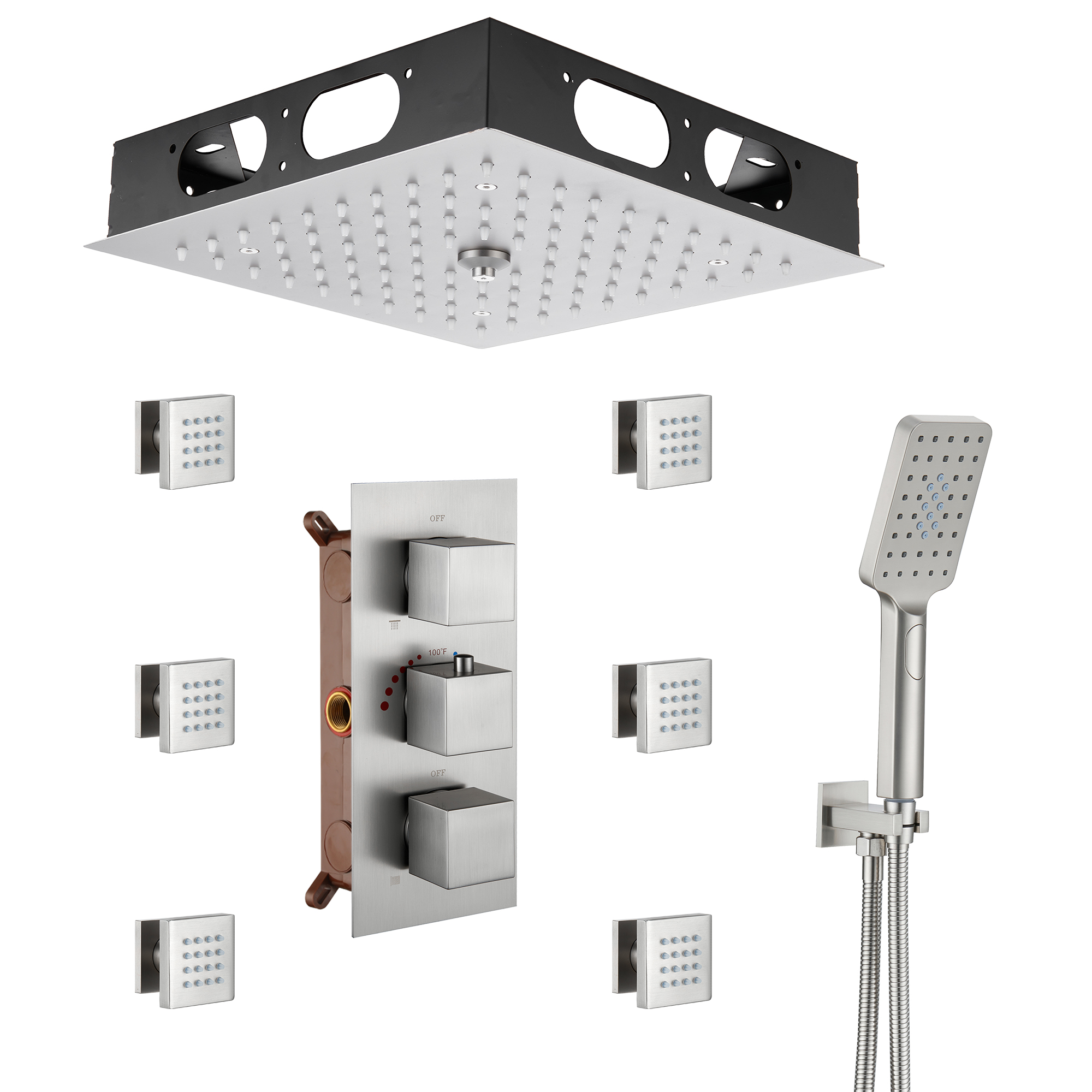 Mondawe Luxury Thermostatic LED 4-Spray Patterns 12 in. Flush Ceiling Mount Rainfall Dual Shower Heads