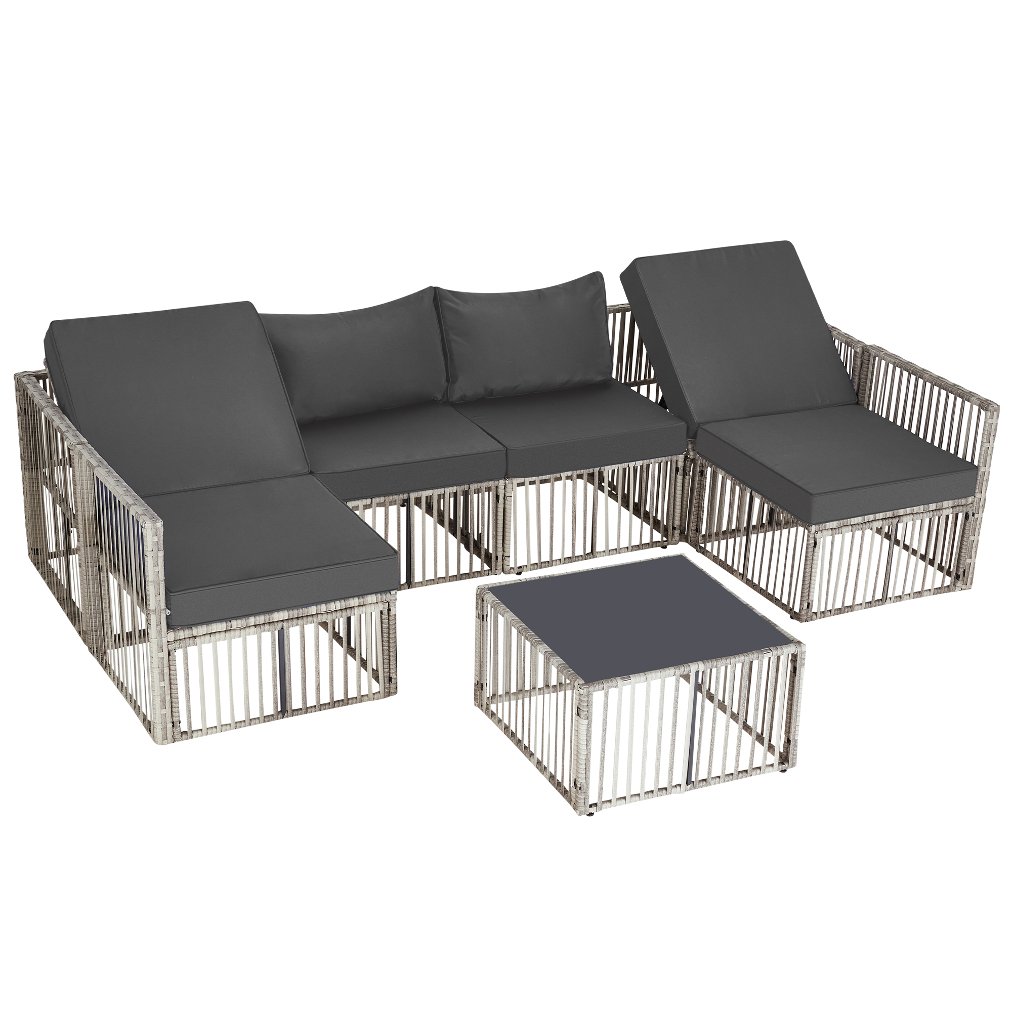 7-Piece Outdoor Patio Furniture Set – PE Rattan Sectional Sofa with Cushions & Coffee Table, All-Weather Wicker, Removable Covers，Gray/Blue/Brown