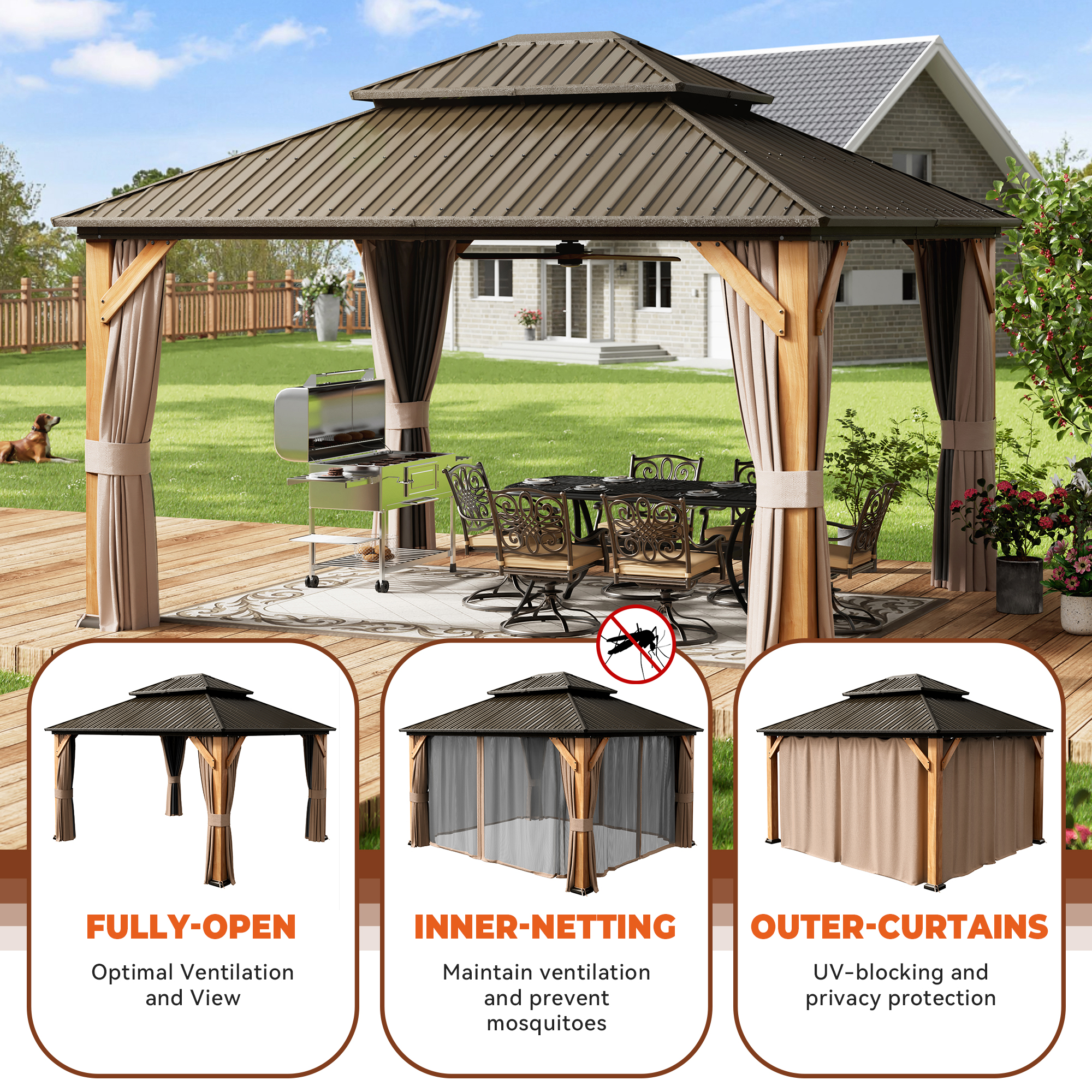 Cedar Frame Hard Top Gazebo with Galvanized Steel Double Roof, Curtain and Net, Outdoor Wooden Gazebo Pergola for Patio Lawn Backyard