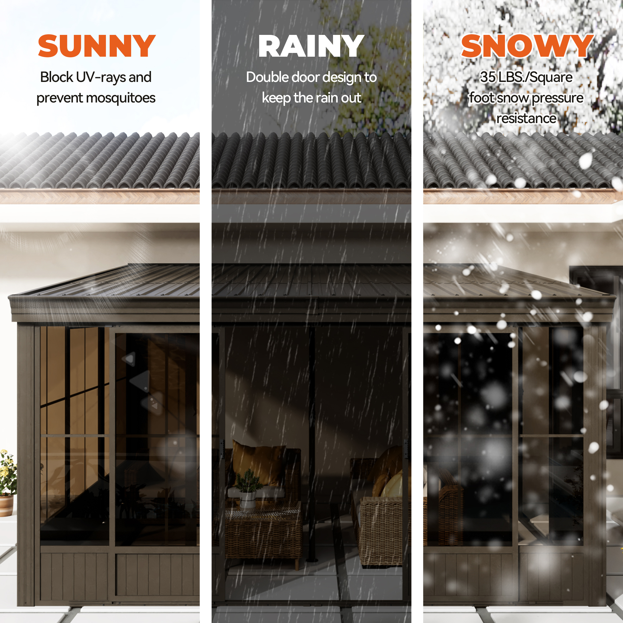 12 ft. x 14 ft. Wall Mounted Gazebo, All-Season Patio Gazebo Sunroom with Side Door, Outdoor Permanent Sunroom