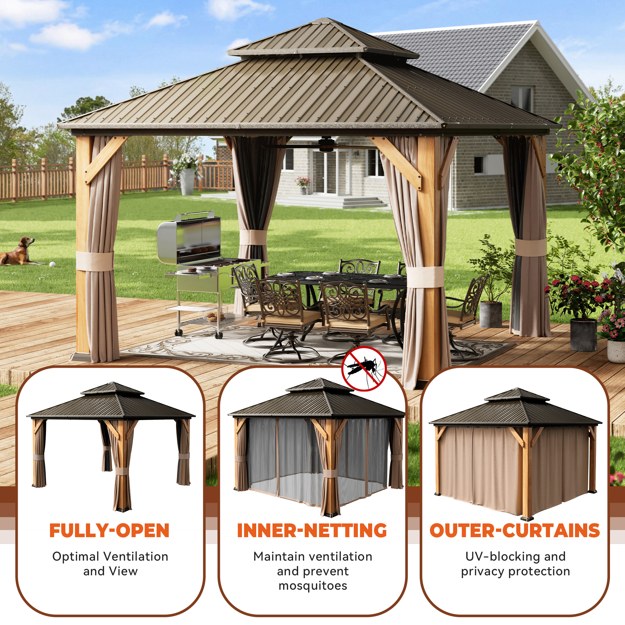 Cedar Frame Hard Top Gazebo with Galvanized Steel Double Roof, Curtain and Net, Outdoor Wooden Gazebo Pergola for Patio Lawn Backyard