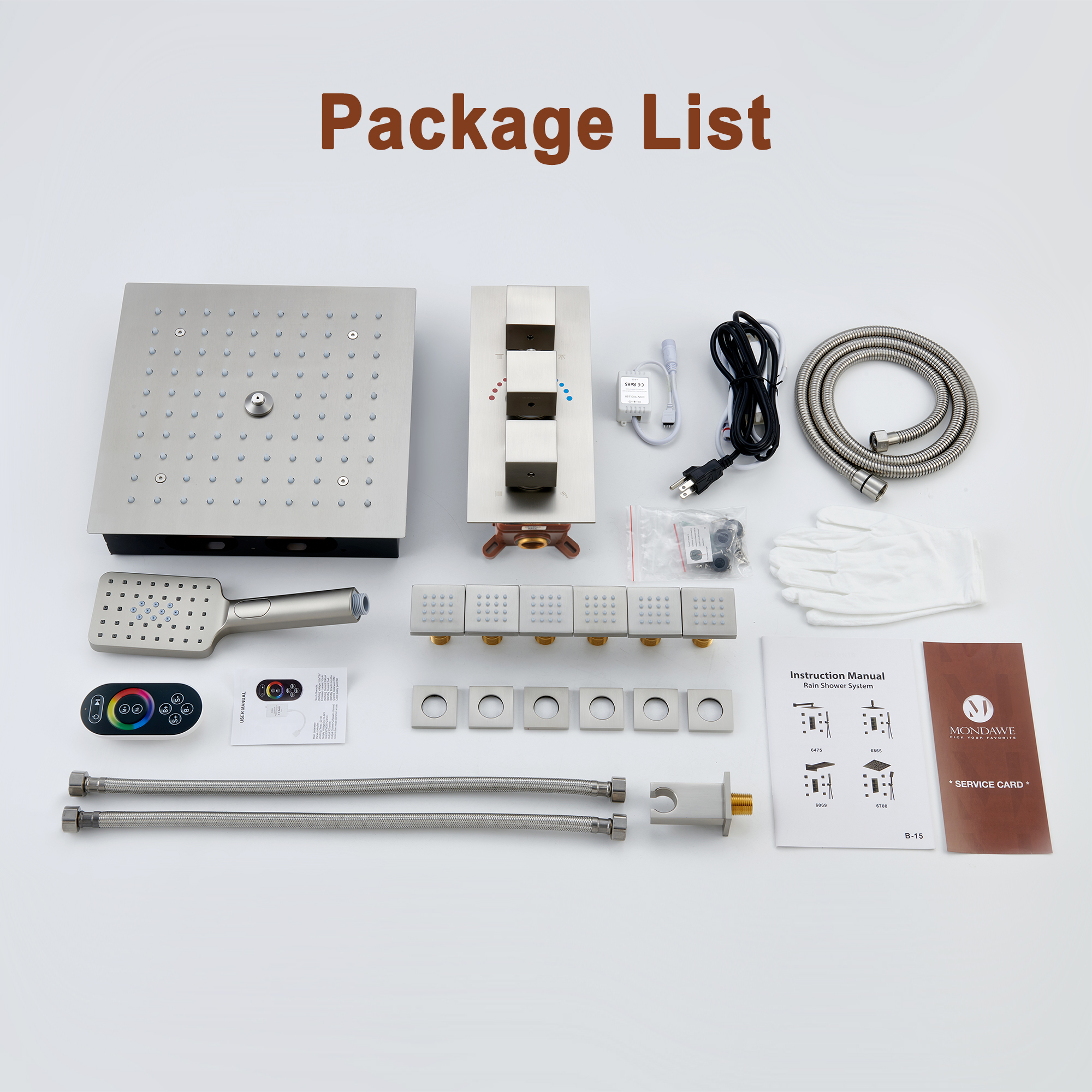 BN-Mondawe Luxury Thermostatic LED 4-Spray Patterns 12 in. Flush Ceiling Mount Rainfall Dual Shower Heads