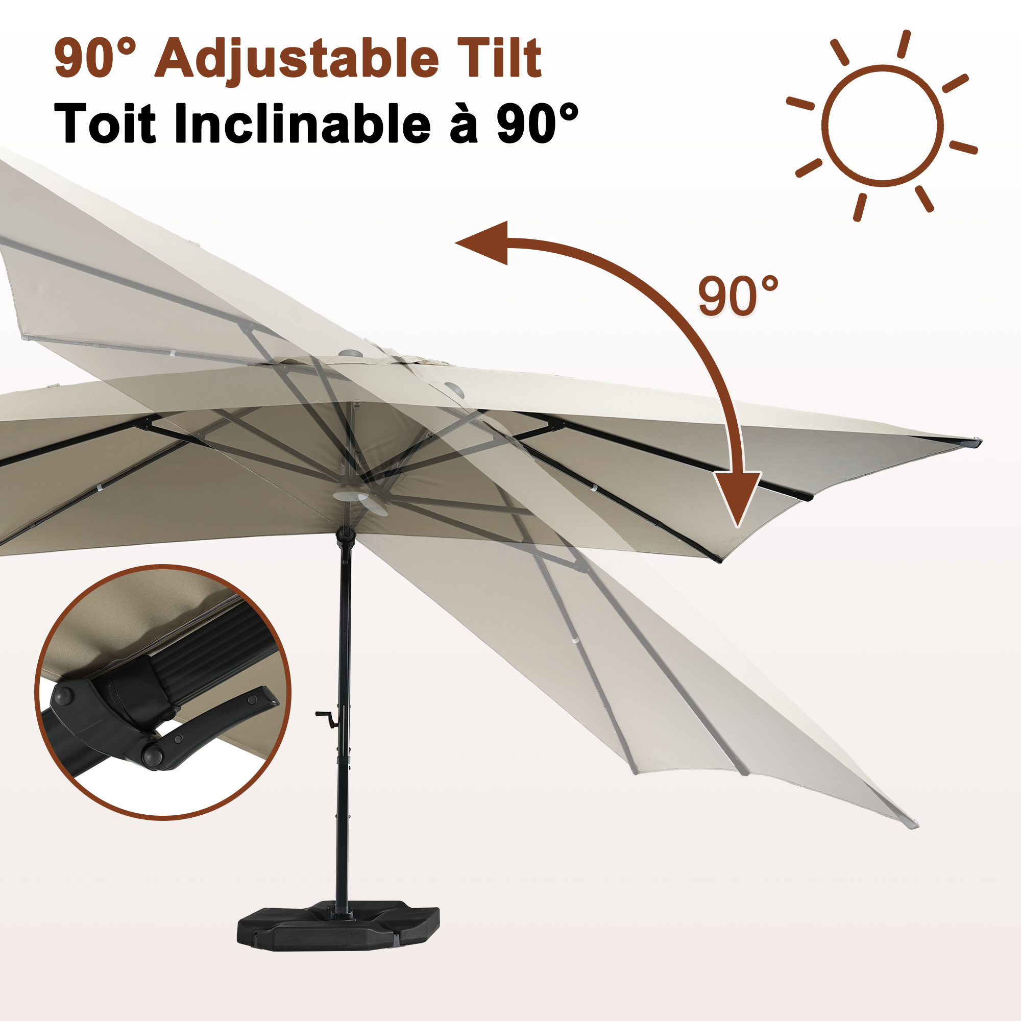 Square Aluminum Cantilever Patio Umbrella with 90° Tilt, LED & Bluetooth Mood Light, and Base Included