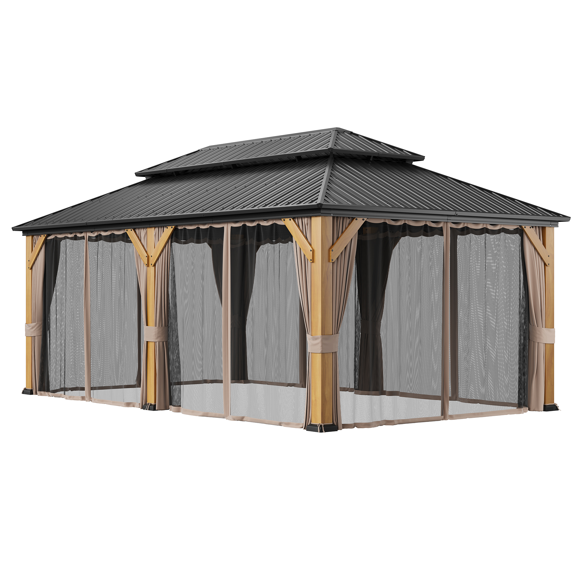 Outdoor Cedar Wood Frame Canopy with Galvanized Steel Double Roof, Outdoor Permanent Metal Pavilion with Curtains and Netting for Patio, Backyard and Lawn
