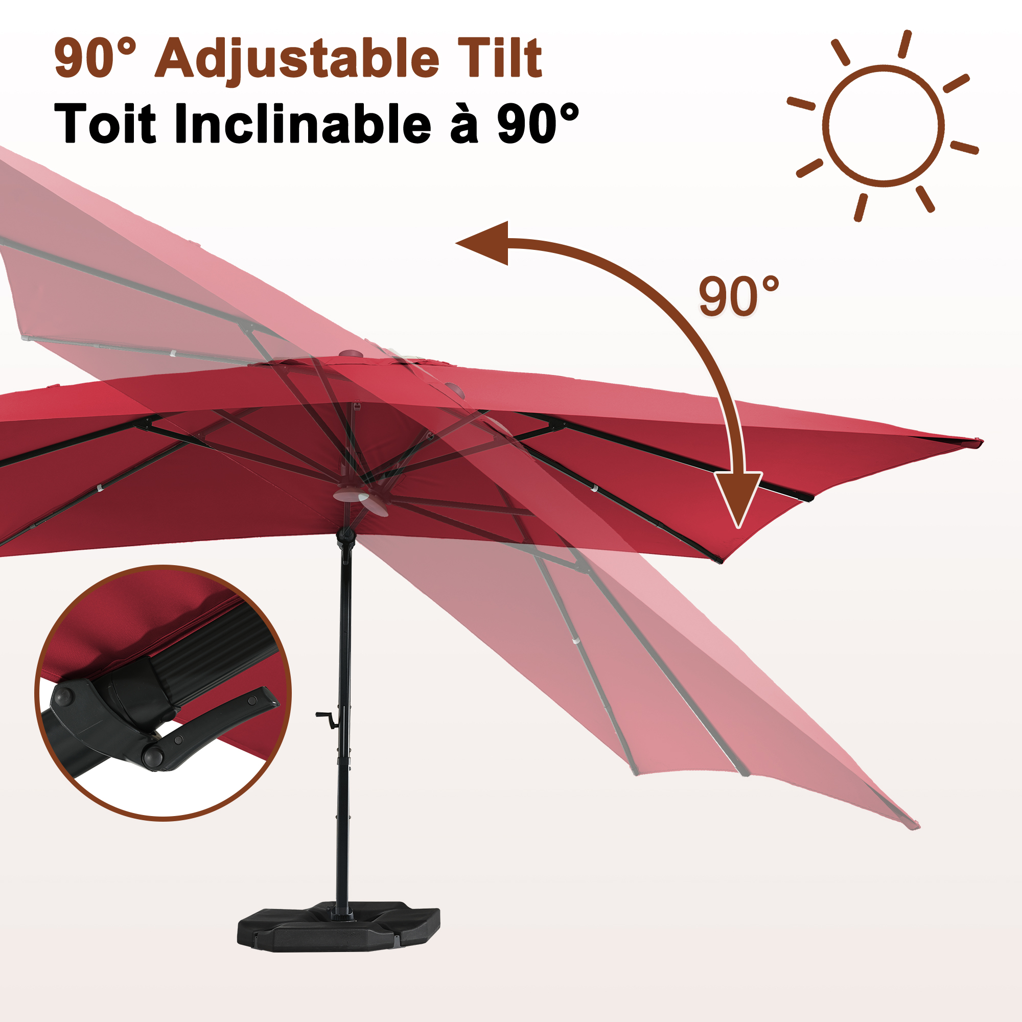 Square Aluminum Cantilever Patio Umbrella with 90° Tilt, LED & Bluetooth Mood Light, and Base Included