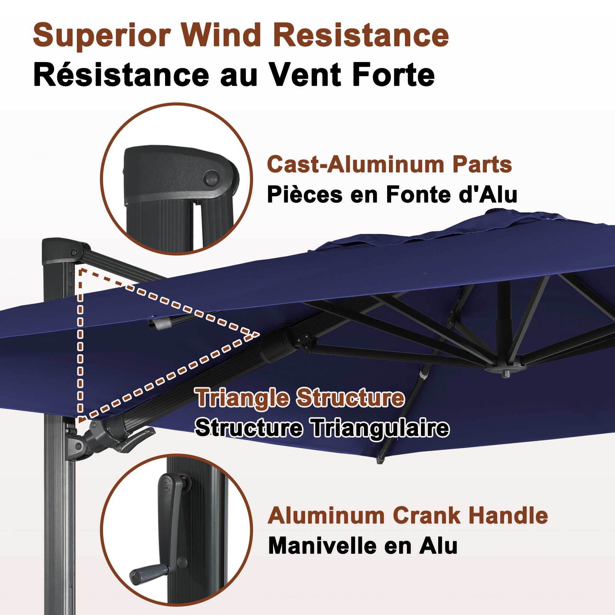 Square Aluminum Cantilever Patio Umbrella with 90° Tilt, LED & Bluetooth Mood Light, and Base Included
