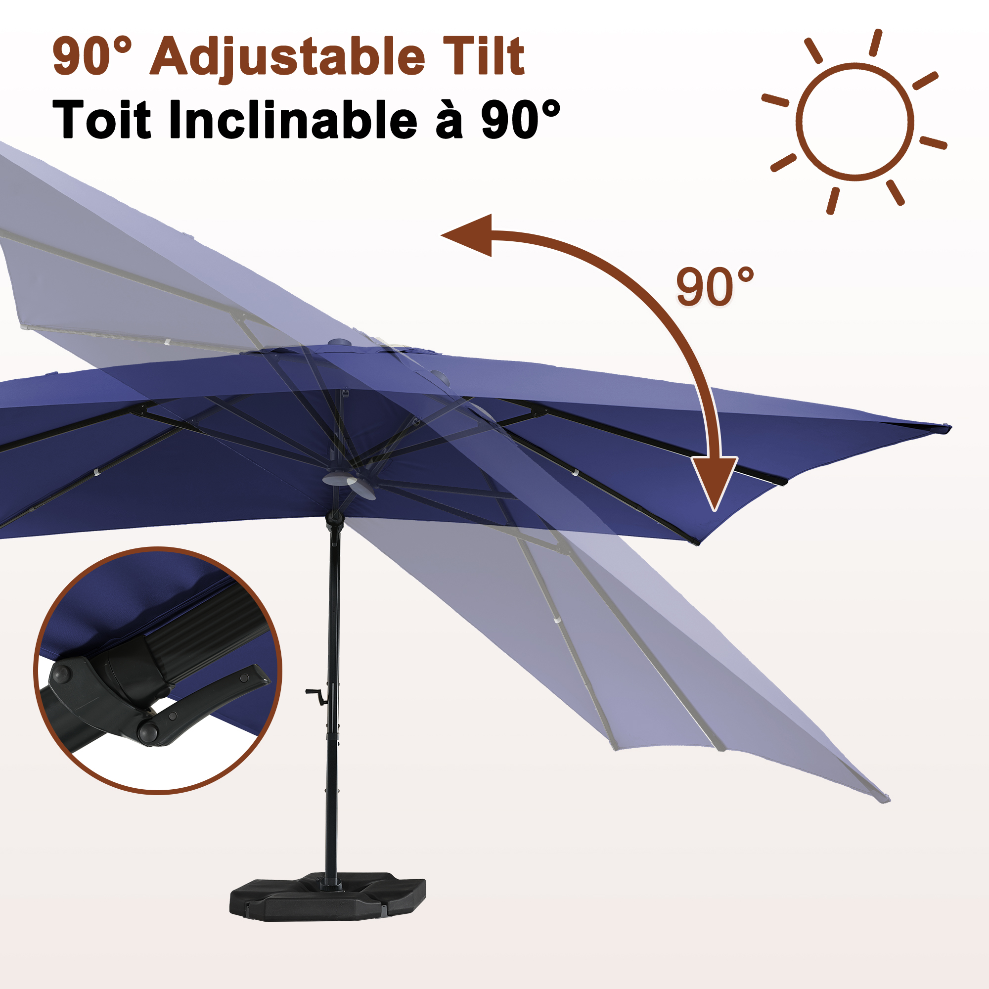 Square Aluminum Cantilever Patio Umbrella with 90° Tilt, LED & Bluetooth Mood Light, and Base Included