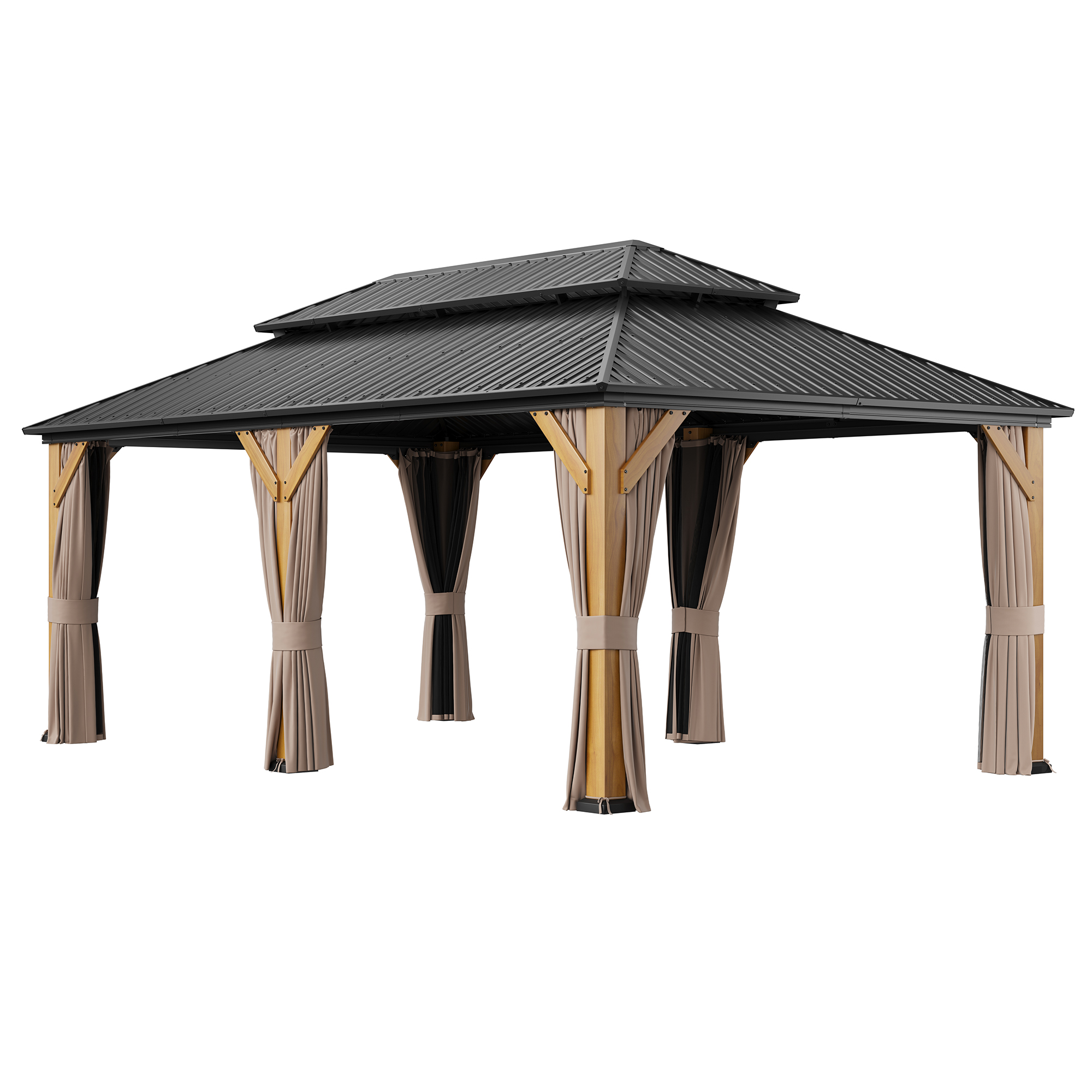 Outdoor Cedar Wood Frame Canopy with Galvanized Steel Double Roof, Outdoor Permanent Metal Pavilion with Curtains and Netting for Patio, Backyard and Lawn