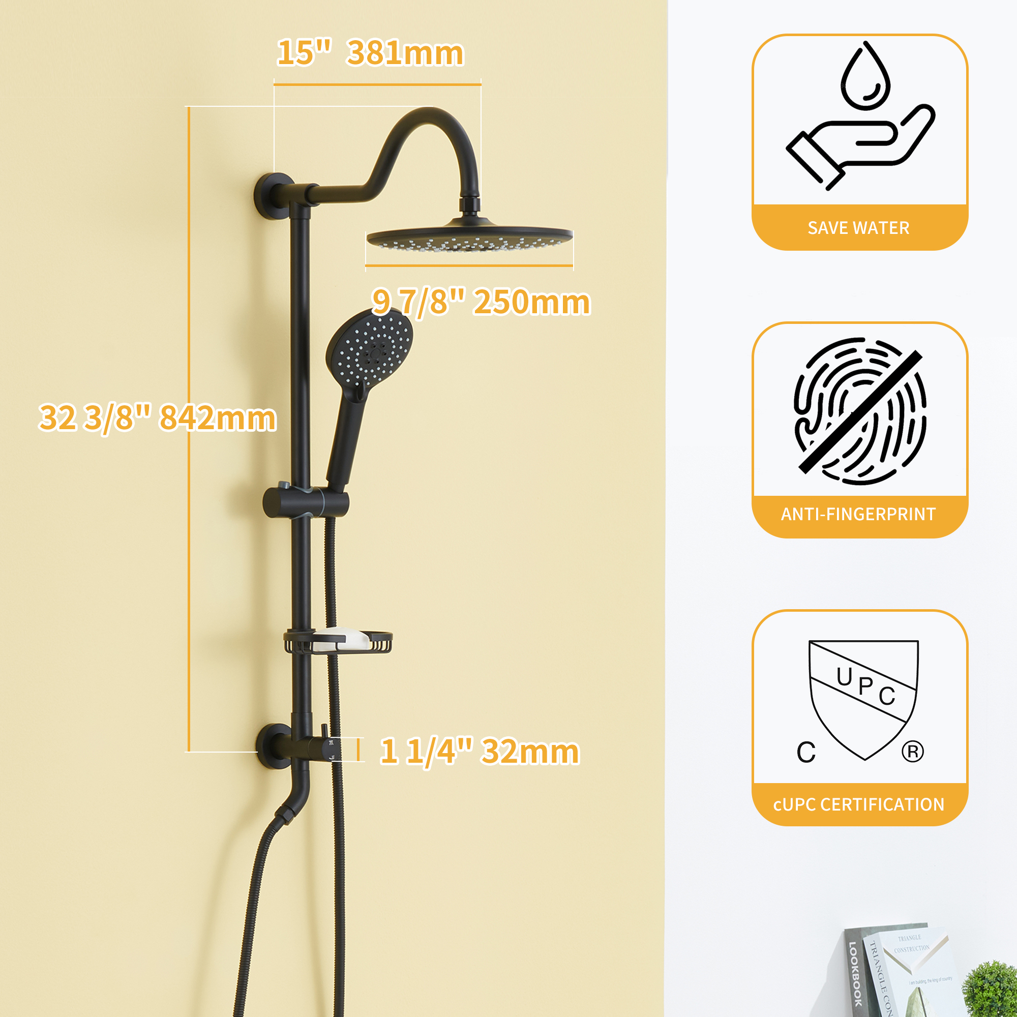 Mondawe ShowerSpas Shower System, with 10" Rain Showerhead, 4-Function Hand Shower, Adjustable Slide Bar and Soap Dish, Matte Black Finish