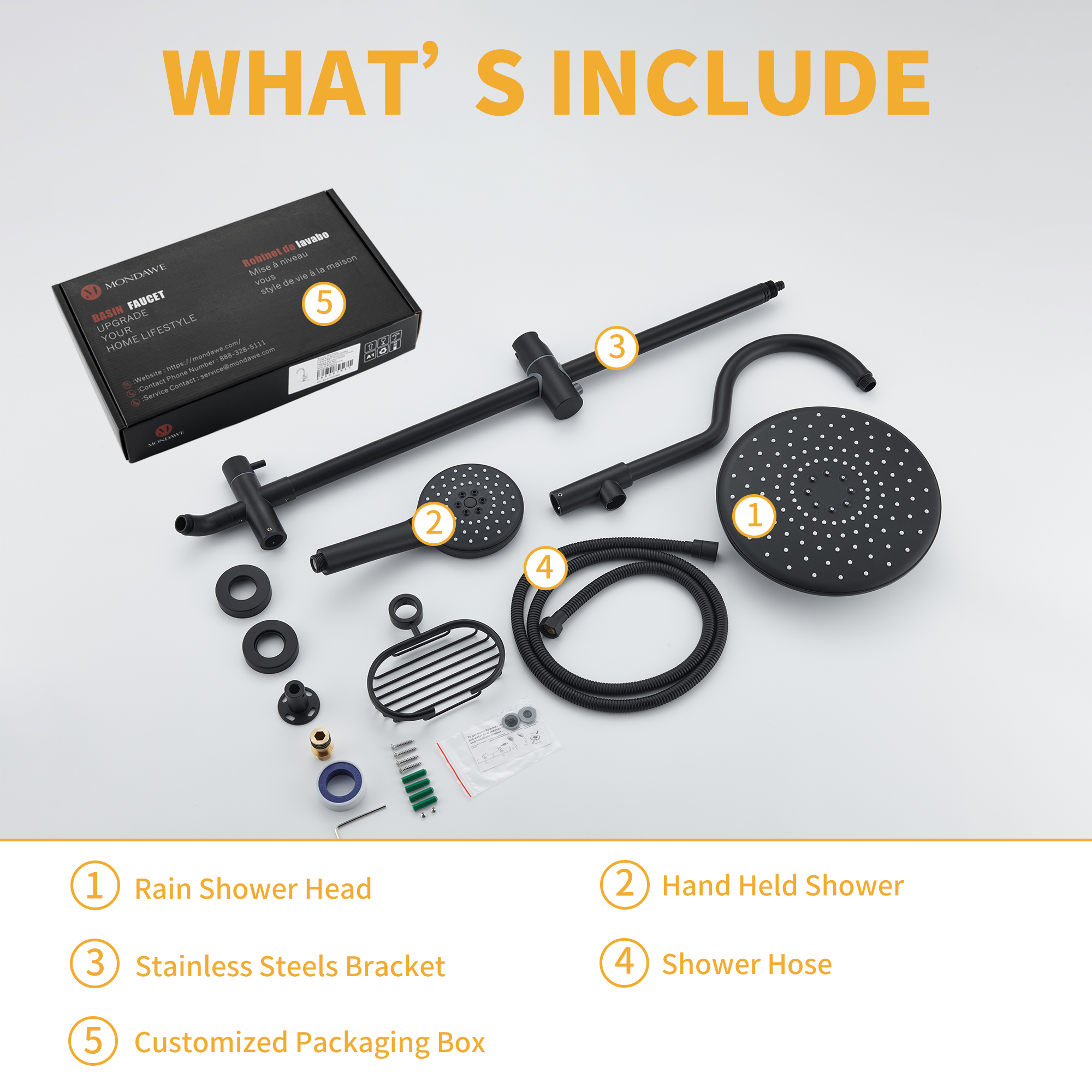 Mondawe ShowerSpas Shower System, with 10" Rain Showerhead, 4-Function Hand Shower, Adjustable Slide Bar and Soap Dish, Matte Black Finish