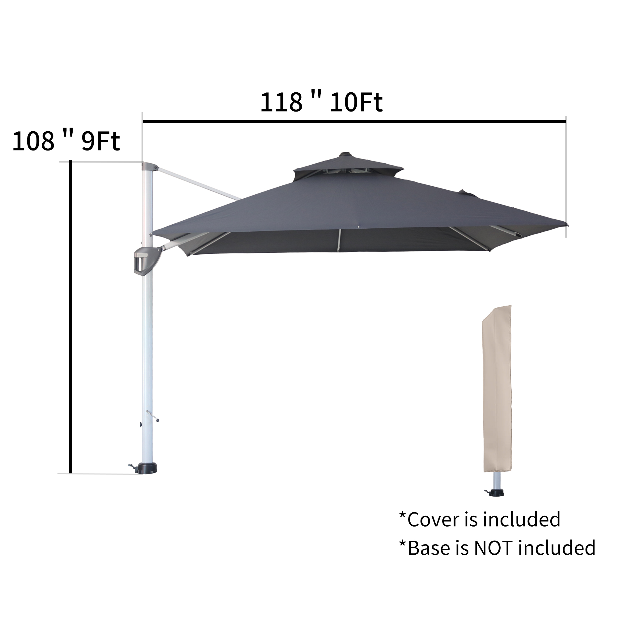 10/11ft Square Cantilever Patio Umbrella with 5 Adjustable Angles, Outdoor Sunshade with Base for Deck, Garden, or Pool