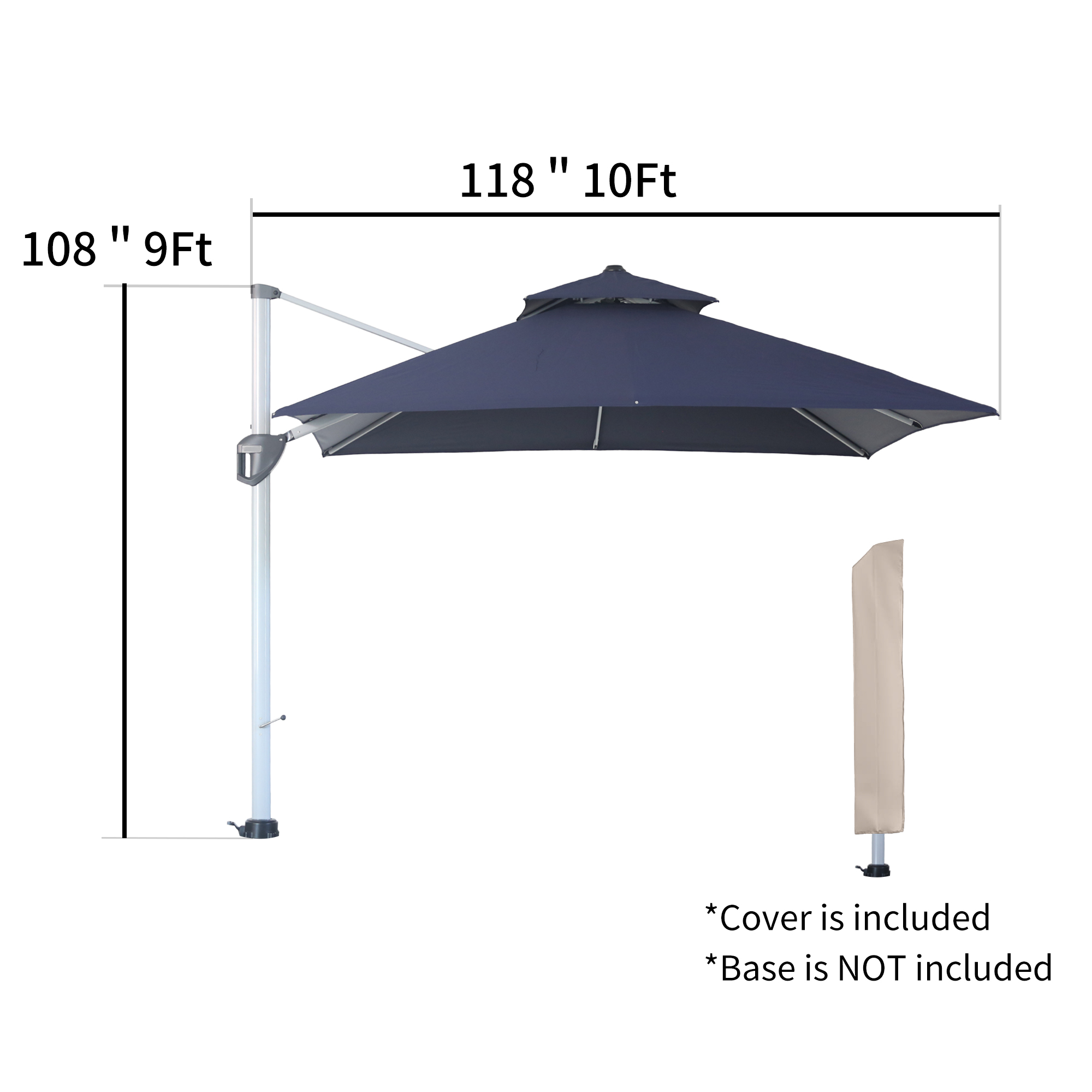 10/11ft Square Cantilever Patio Umbrella with 5 Adjustable Angles, Outdoor Sunshade with Base for Deck, Garden, or Pool