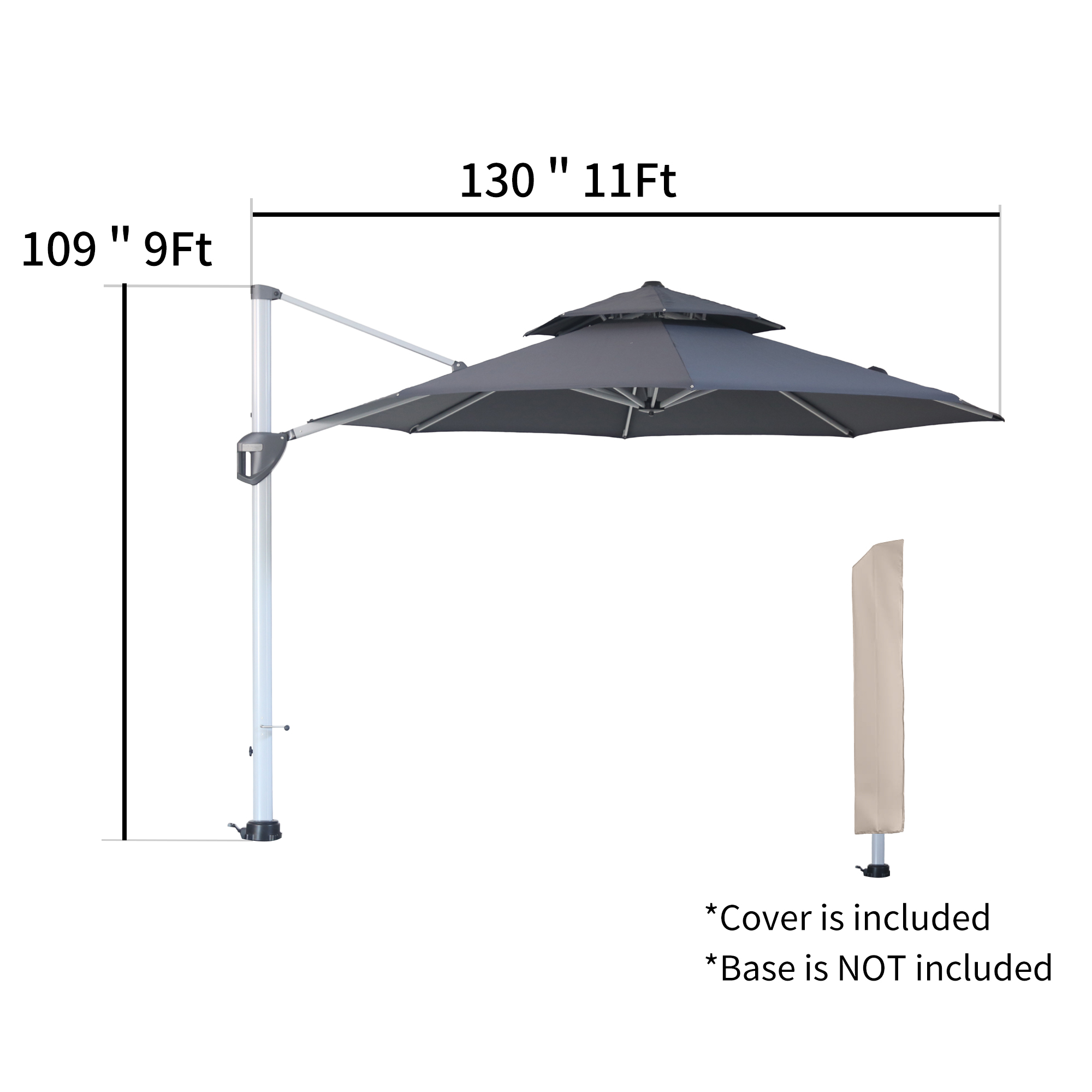 10/11ft Square Cantilever Patio Umbrella with 5 Adjustable Angles, Outdoor Sunshade with Base for Deck, Garden, or Pool