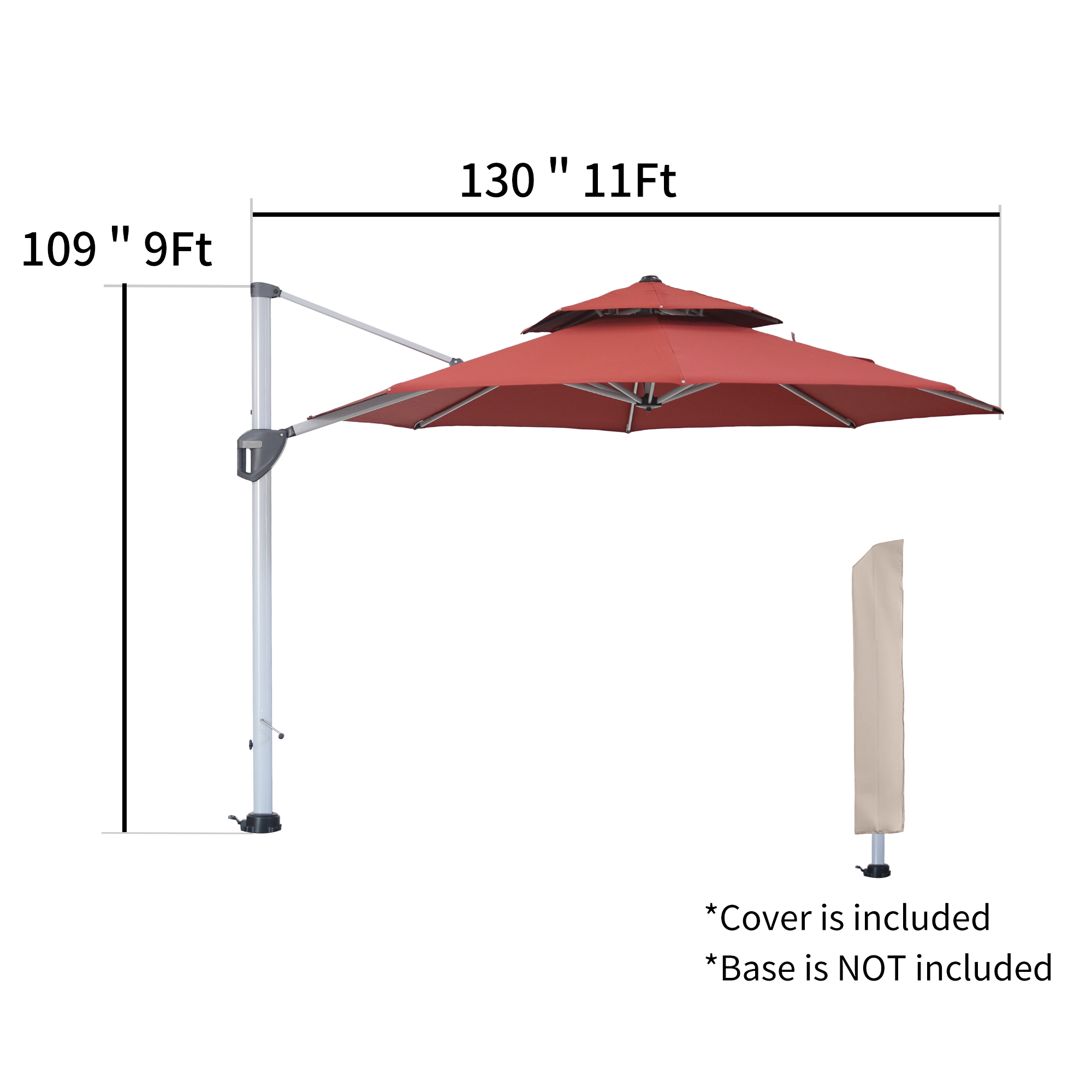 10/11ft Square Cantilever Patio Umbrella with 5 Adjustable Angles, Outdoor Sunshade with Base for Deck, Garden, or Pool