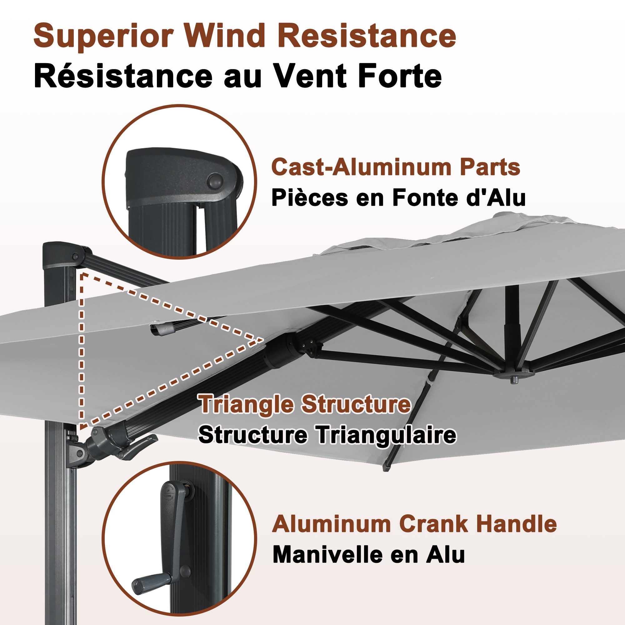 Square Aluminum Cantilever Patio Umbrella with 90° Tilt, LED & Bluetooth Mood Light, and Base Included