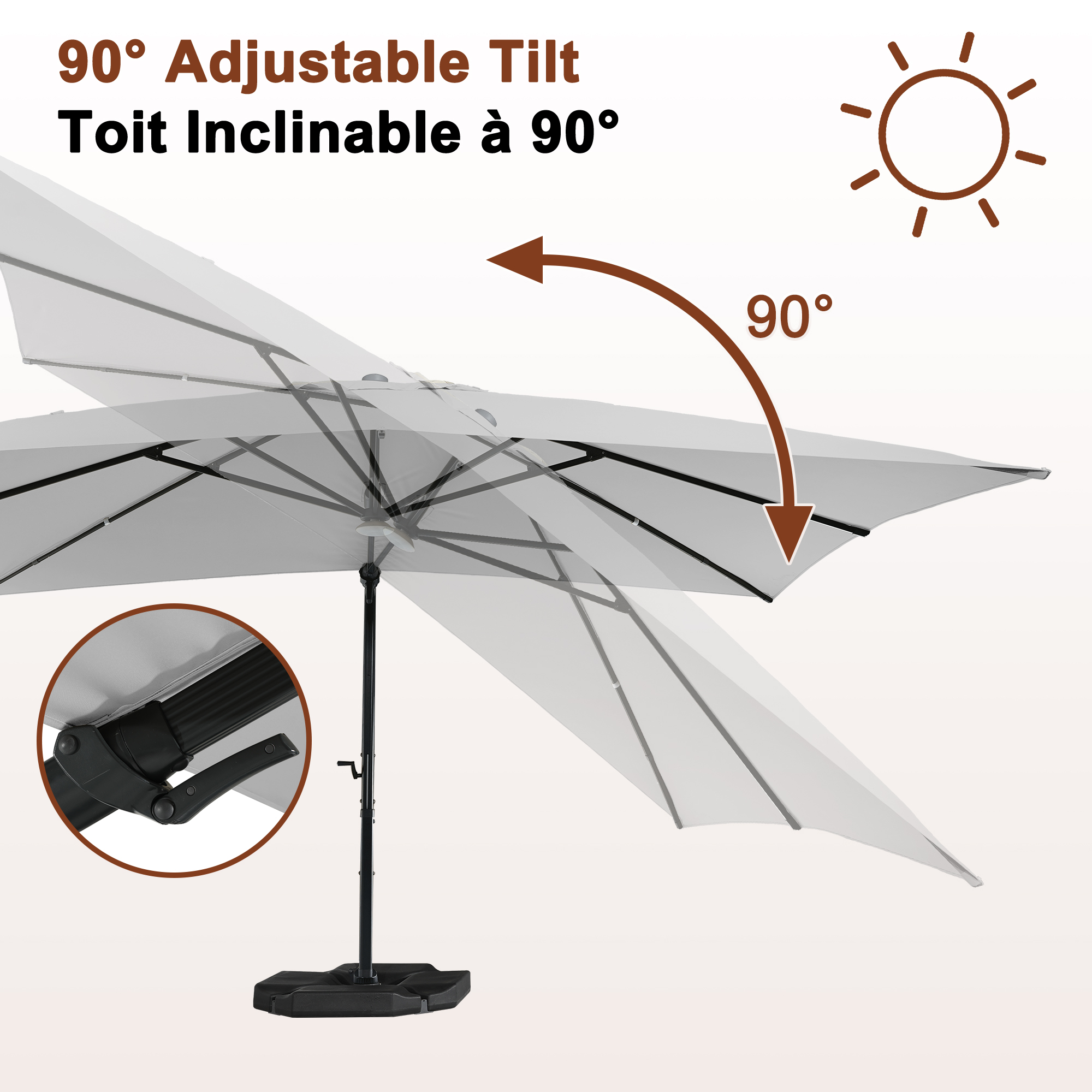 Square Aluminum Cantilever Patio Umbrella with 90° Tilt, LED & Bluetooth Mood Light, and Base Included