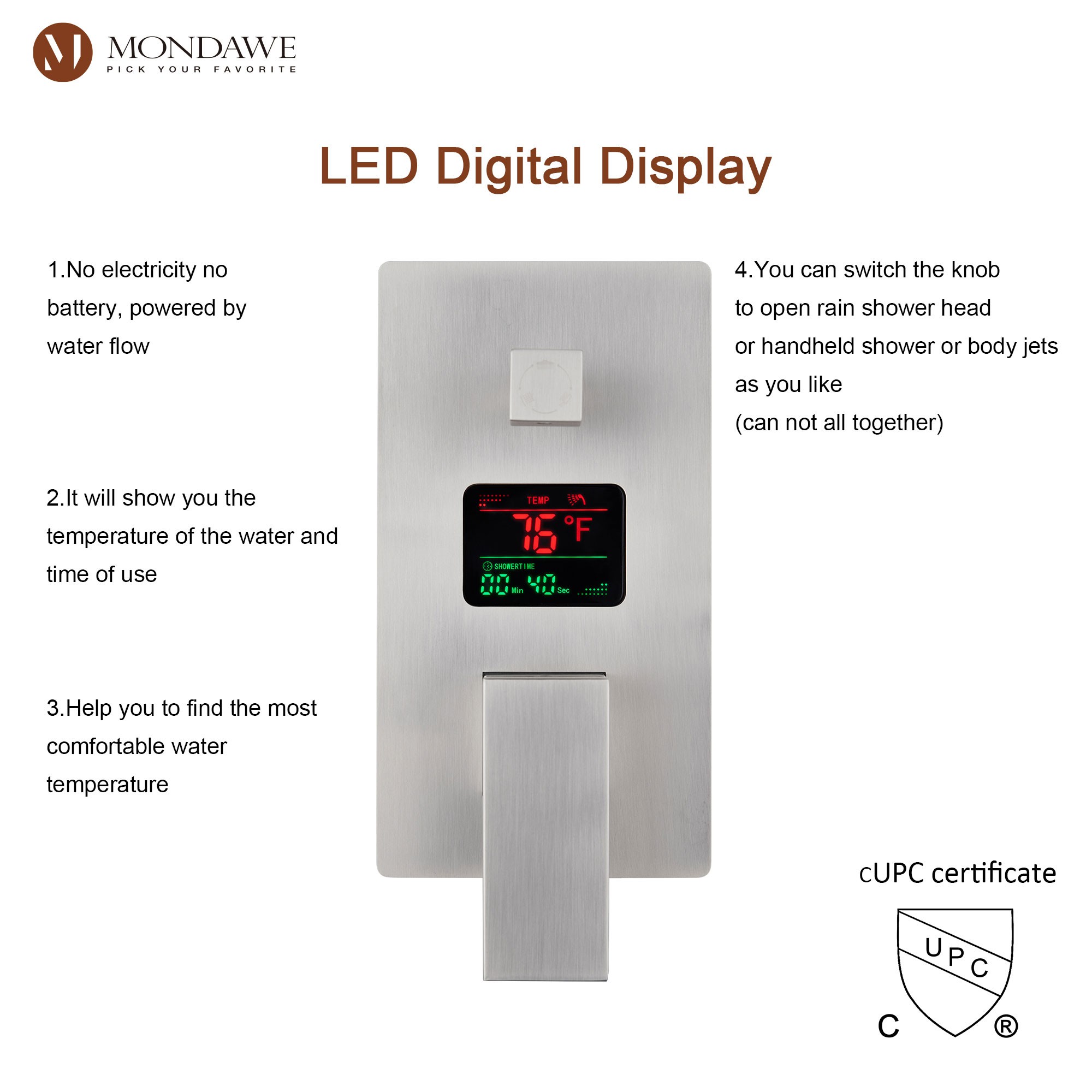 Mondawe Wall Mount Pressure Balanced Rain Shower Head System with Body Sprayers Handheld Shower and Digital Display