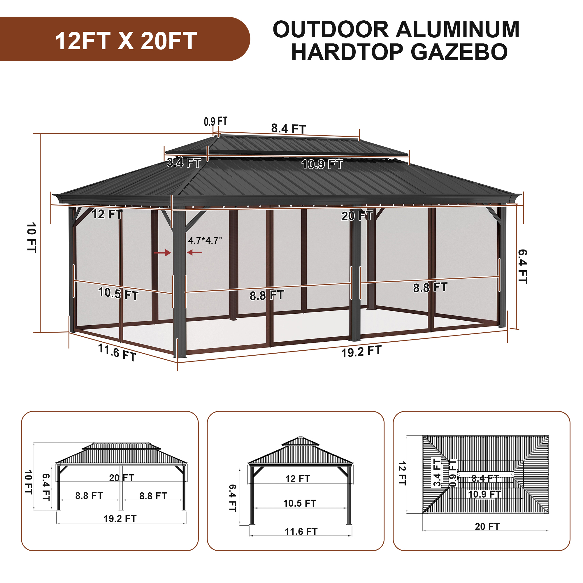 12x20 ft Double Roof Hard Top Aluminum Frame Gazebo with Netting