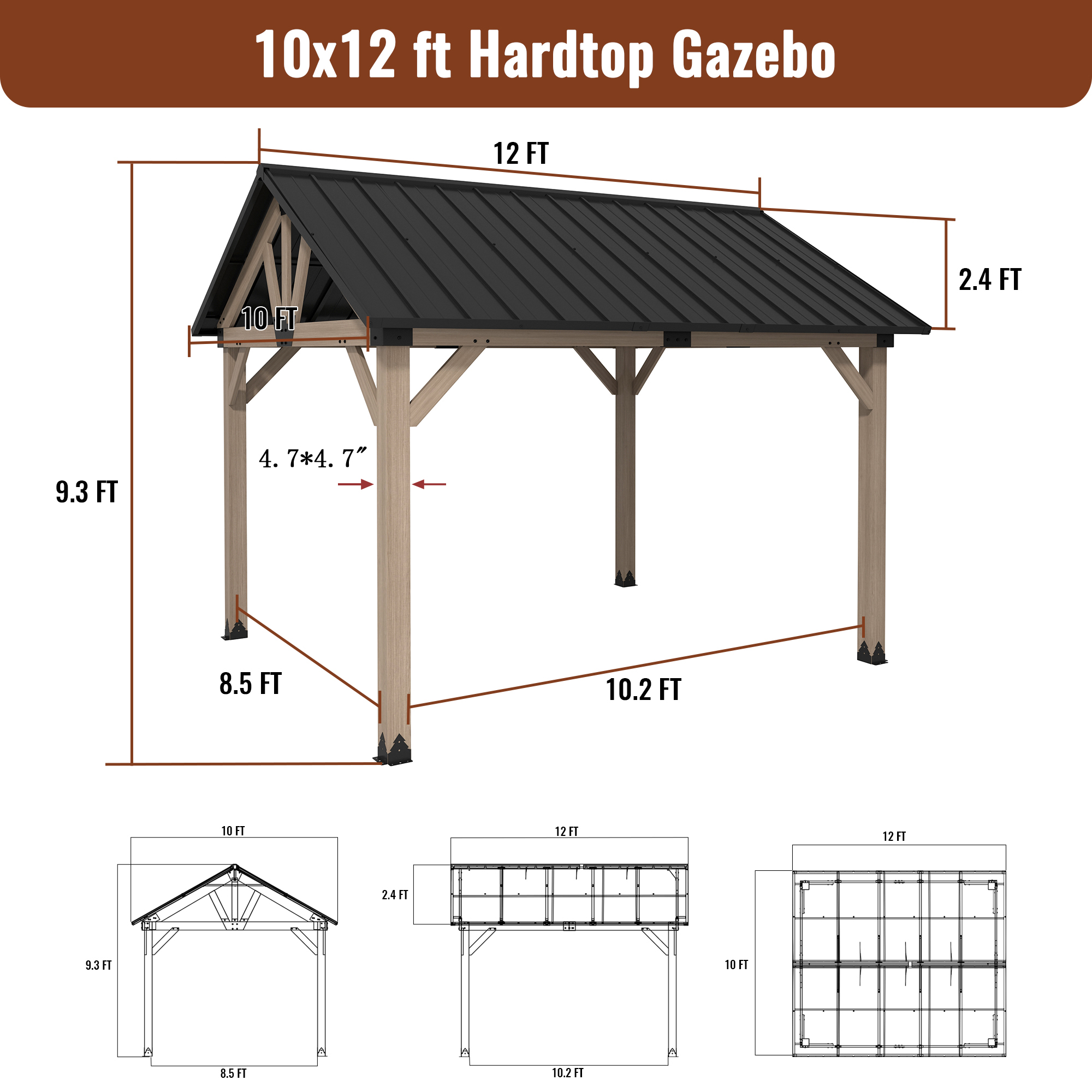 10 ft. x 12 ft. Outdoor Cedar Wood Frame Patio Gazebo Canopy Galvanized Steel Gable Hardtop Roof for Patio Lawn Backyard - Greenwich Serie
